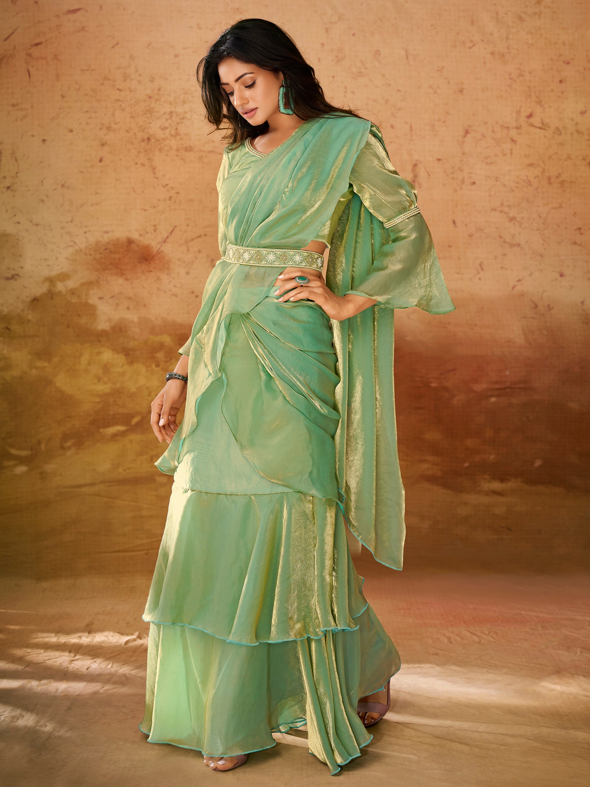 Beautiful Pista Green Organza Ready To Wear Ruffles Saree With Blouse