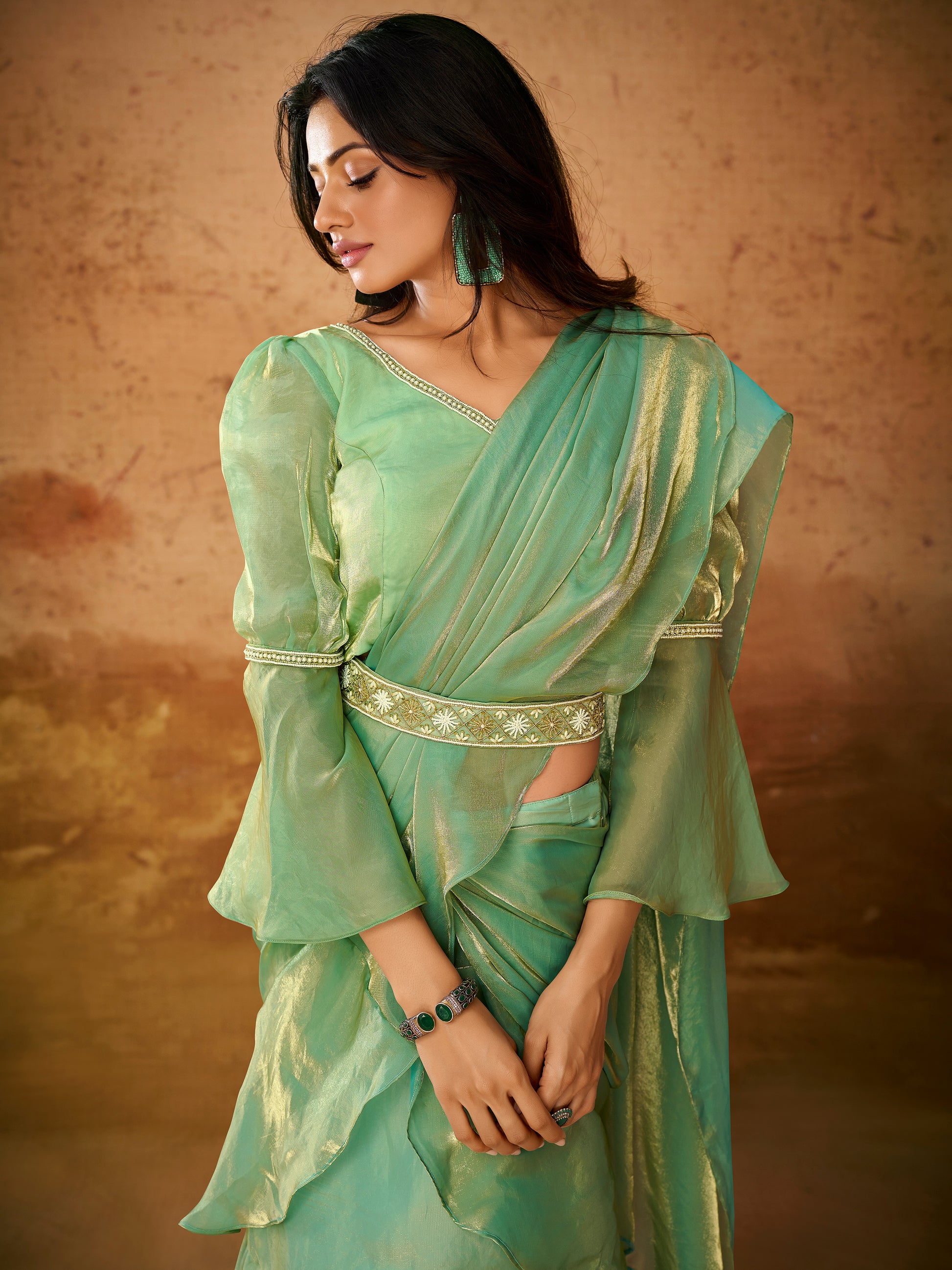 Beautiful Pista Green Organza Ready To Wear Ruffles Saree With Blouse