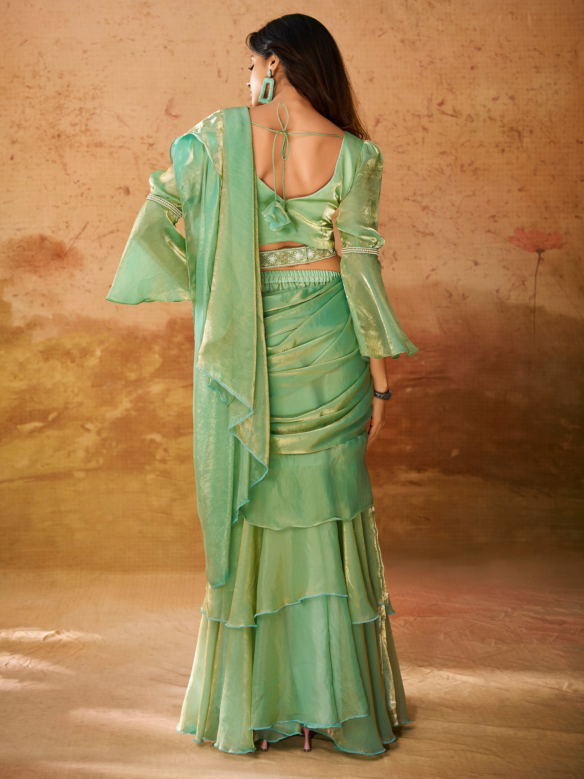 Beautiful Pista Green Organza Ready To Wear Ruffles Saree With Blouse