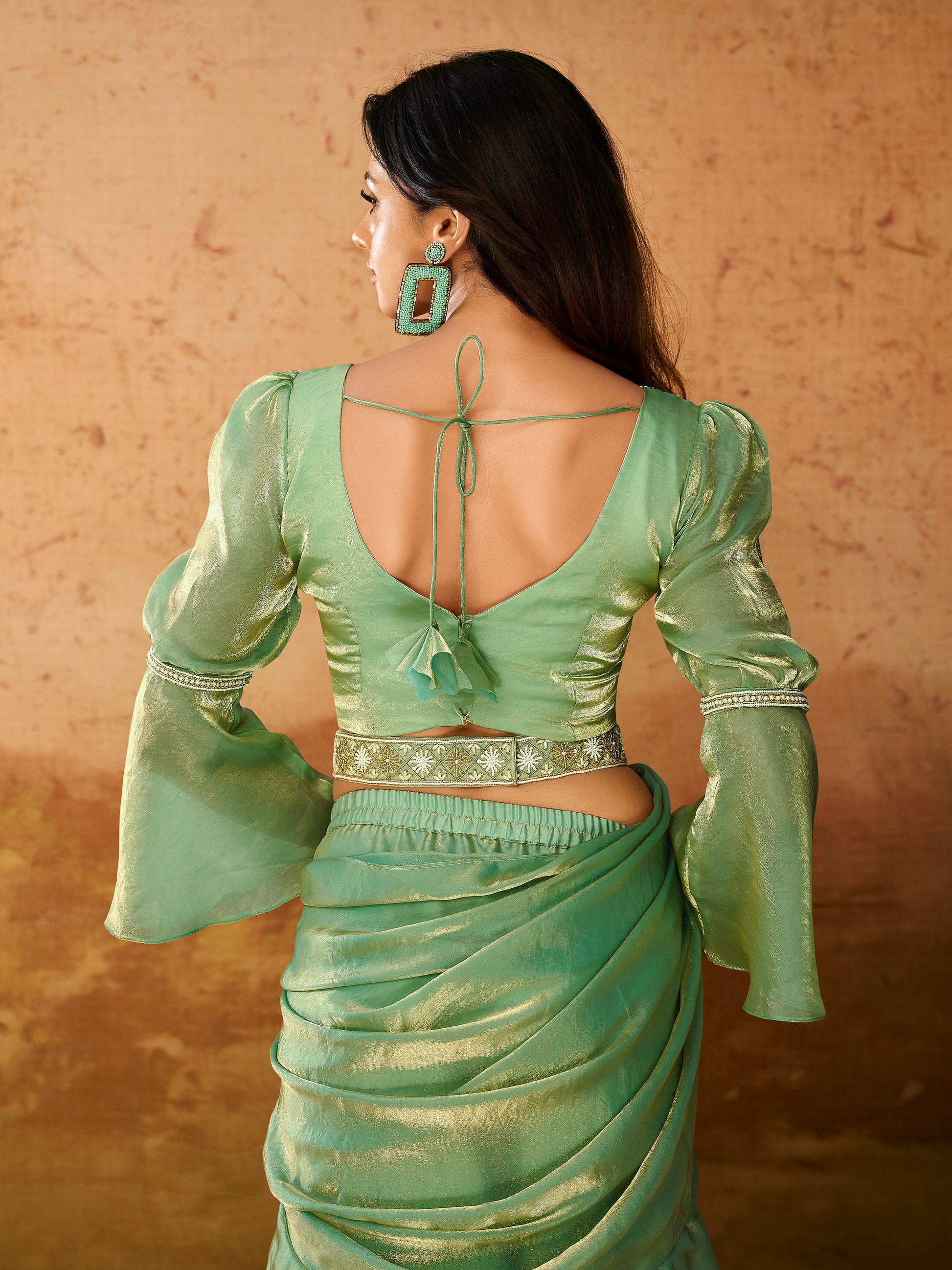 Beautiful Pista Green Organza Ready To Wear Ruffles Saree With Blouse