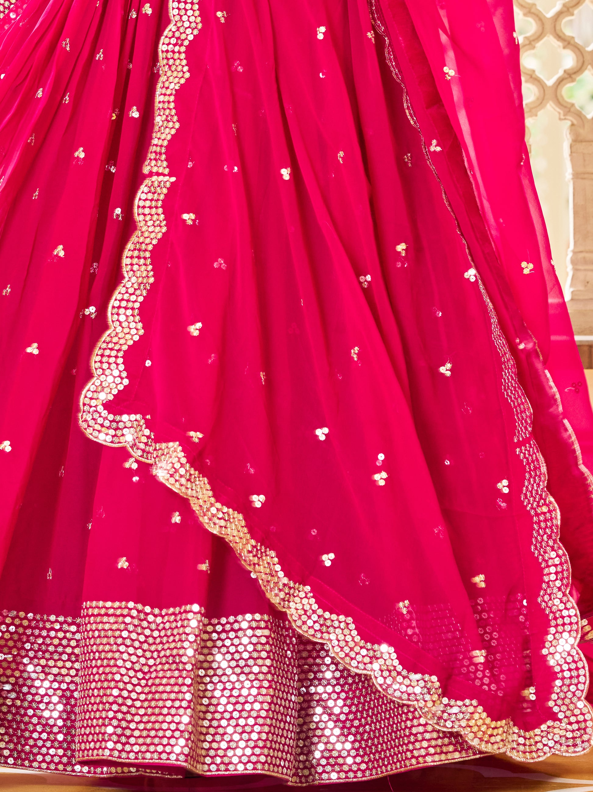 Alluring Pink Sequins Georgette Engagement Wear Lehenga Choli