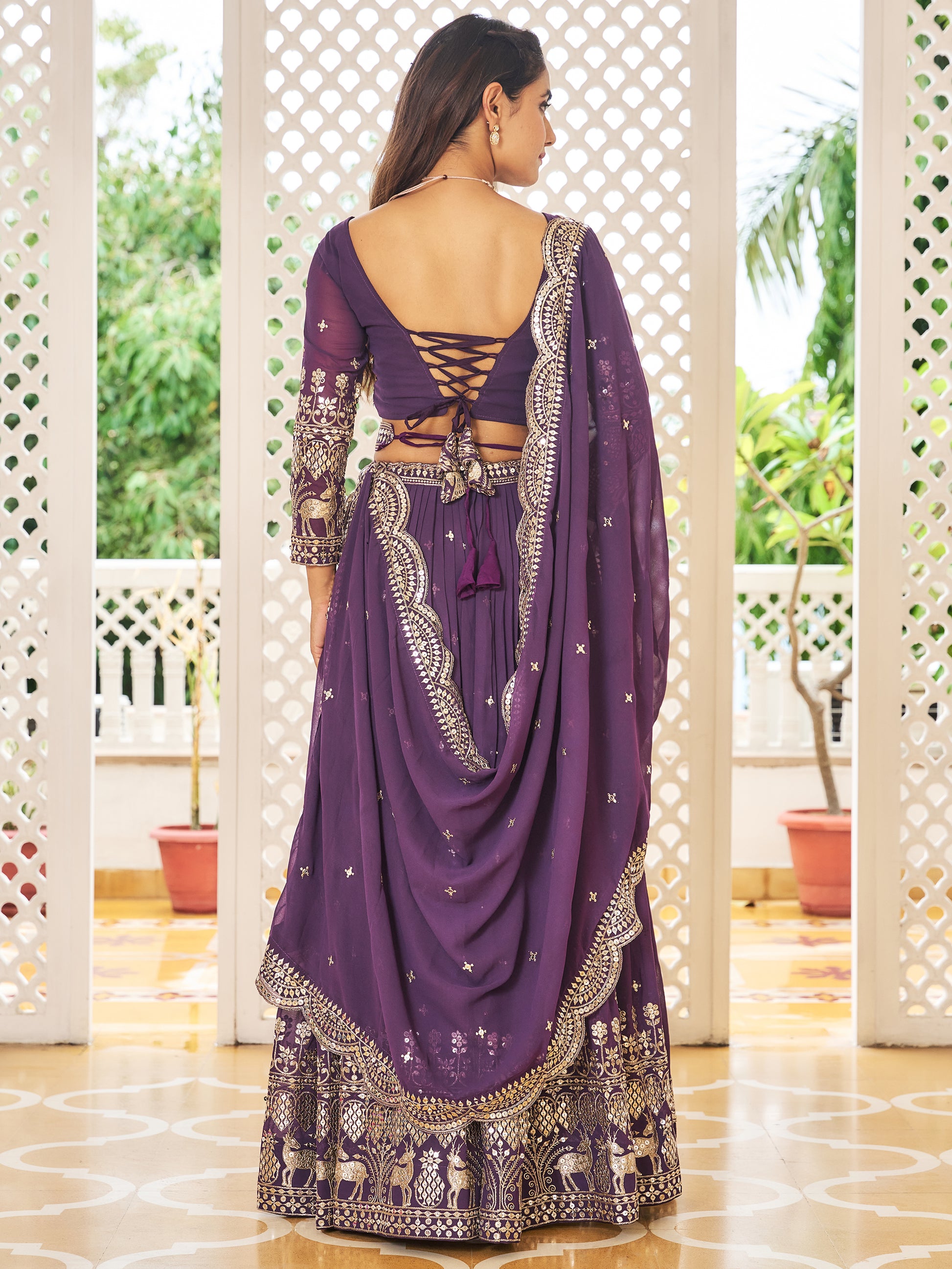 Awesome Purple Sequins Work Georgette Bridesmaid Lehenga Choli With Dupatta
