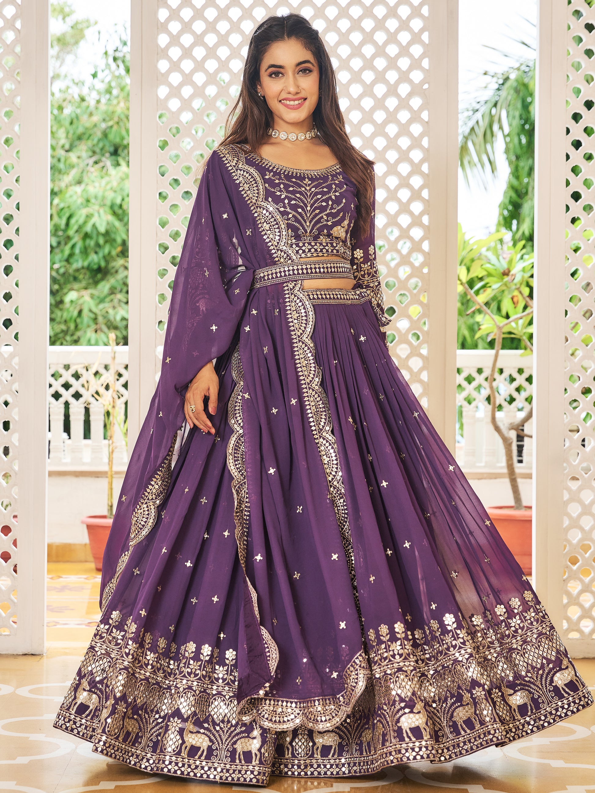Awesome Purple Sequins Work Georgette Bridesmaid Lehenga Choli With Dupatta