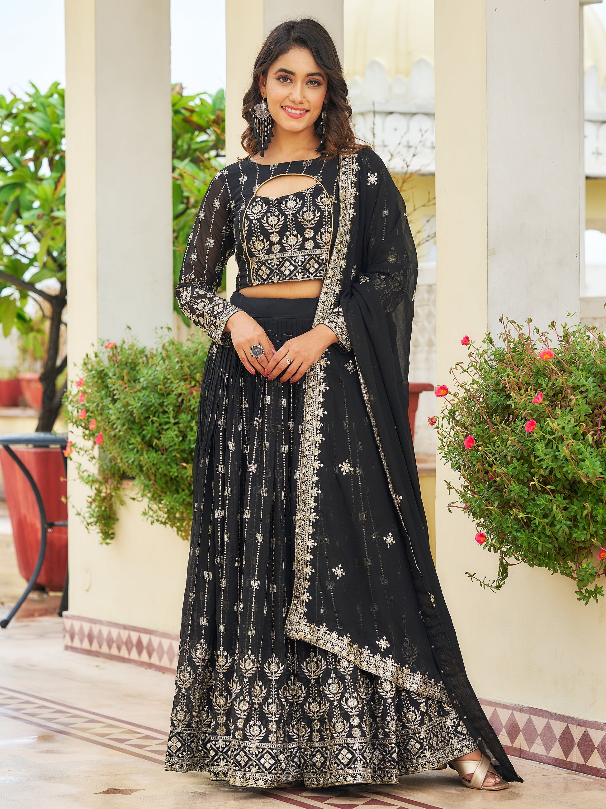 Glamorous Black Embroidered Georgette Reception Wear Lehenga Choli