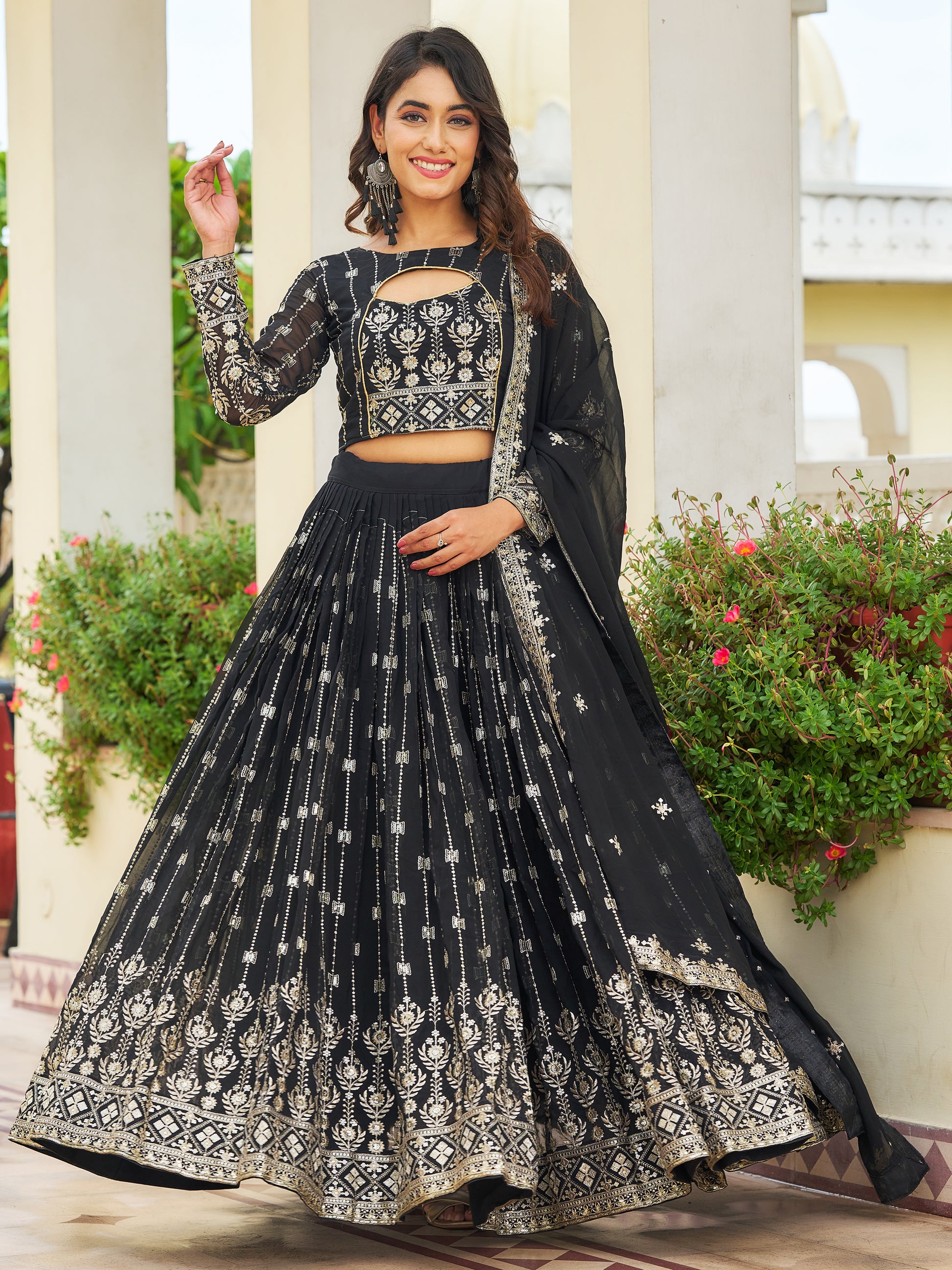 Glamorous Black Embroidered Georgette Reception Wear Lehenga Choli