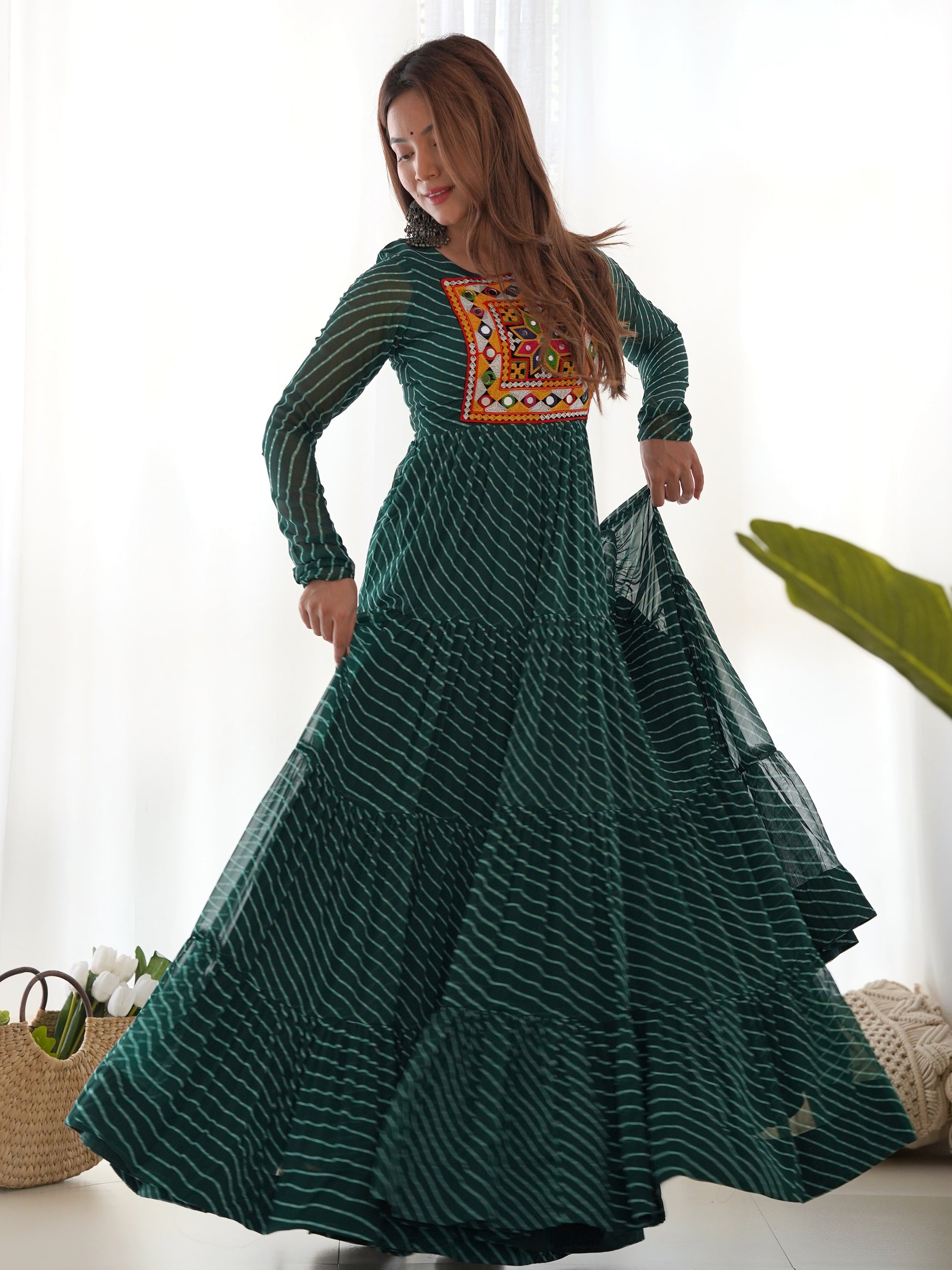 Stunning Green Laheriya Printed Georgette Navratri Wear Gown