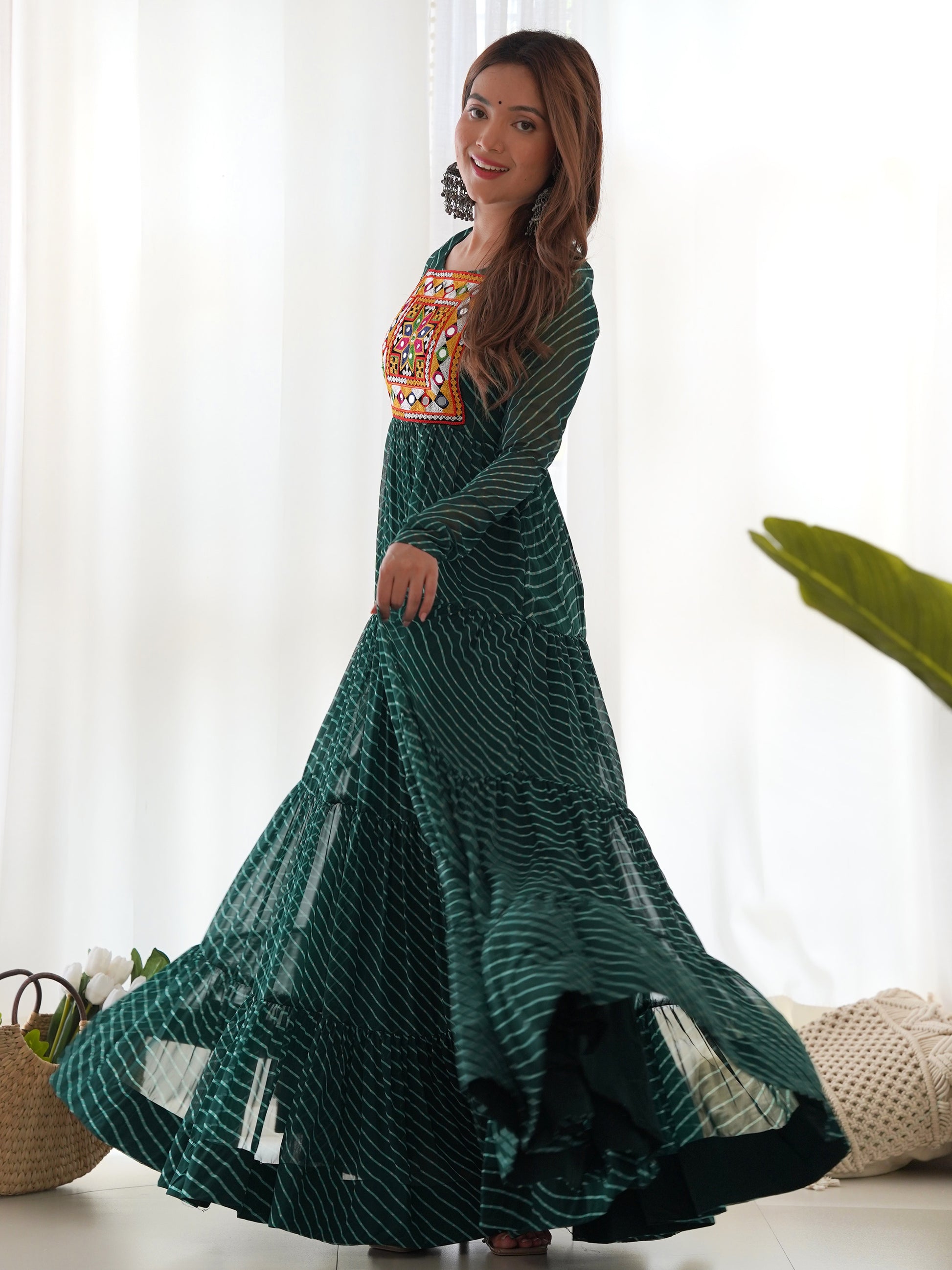 Stunning Green Laheriya Printed Georgette Navratri Wear Gown