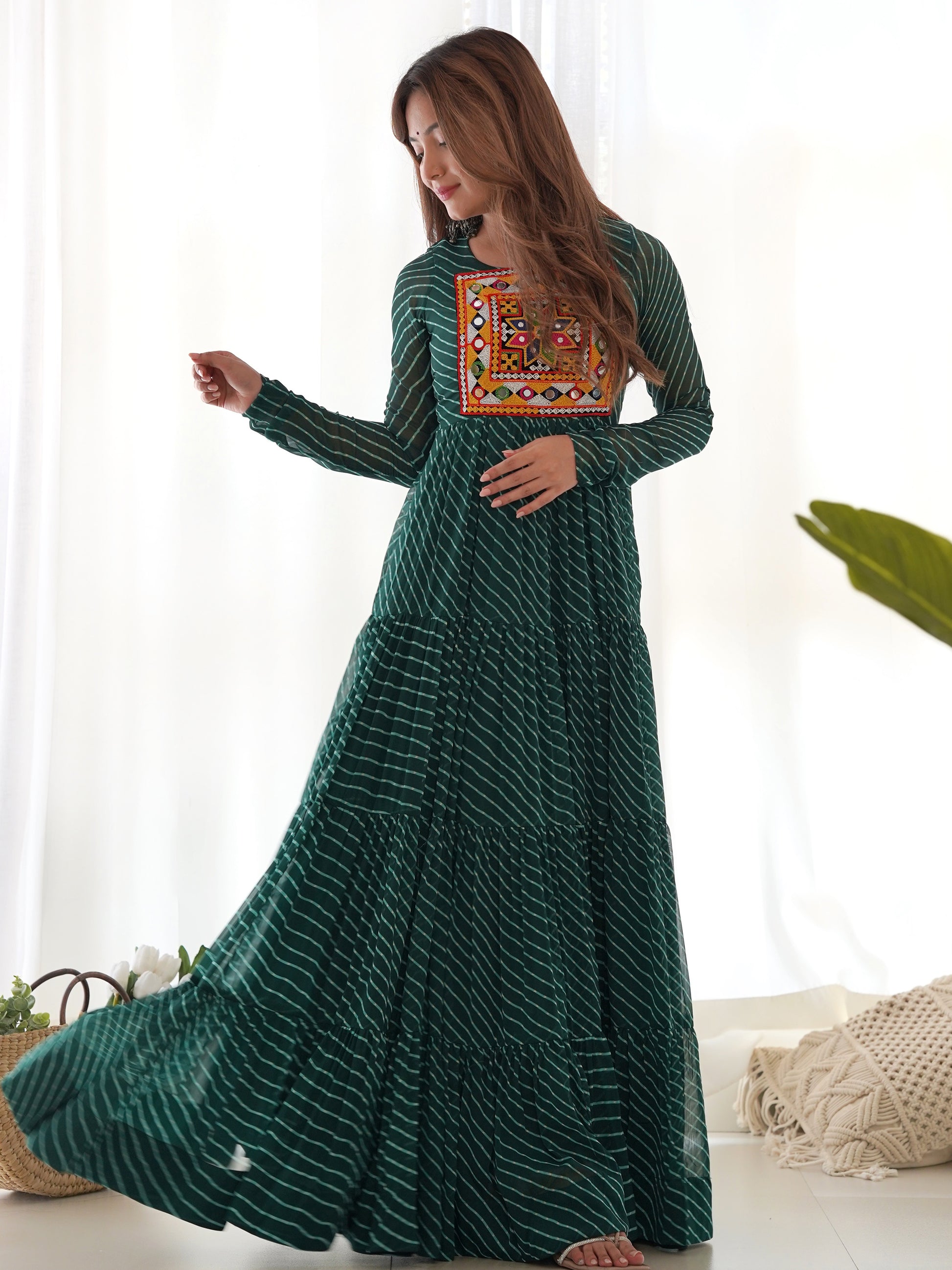 Stunning Green Laheriya Printed Georgette Navratri Wear Gown