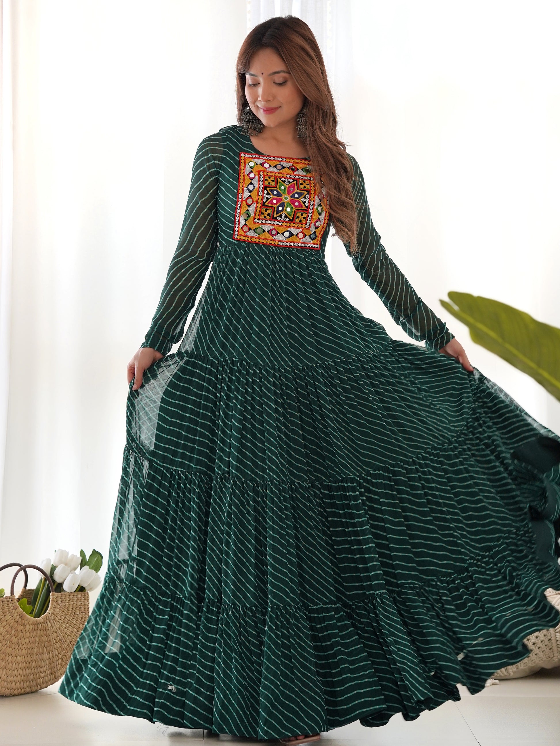 Stunning Green Laheriya Printed Georgette Navratri Wear Gown