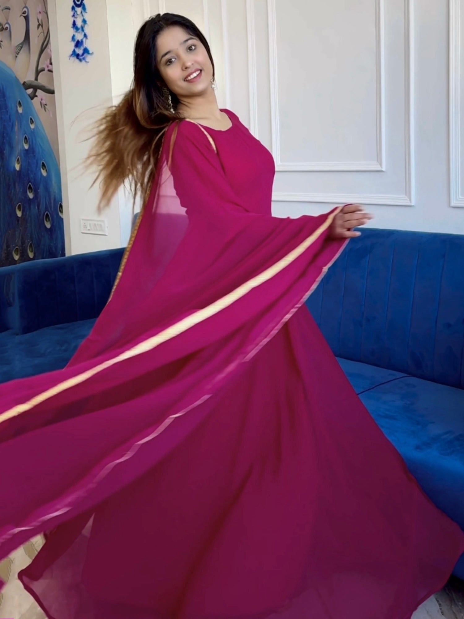 Elegant Pink Georgette Casual Wear Gown With Dupatta