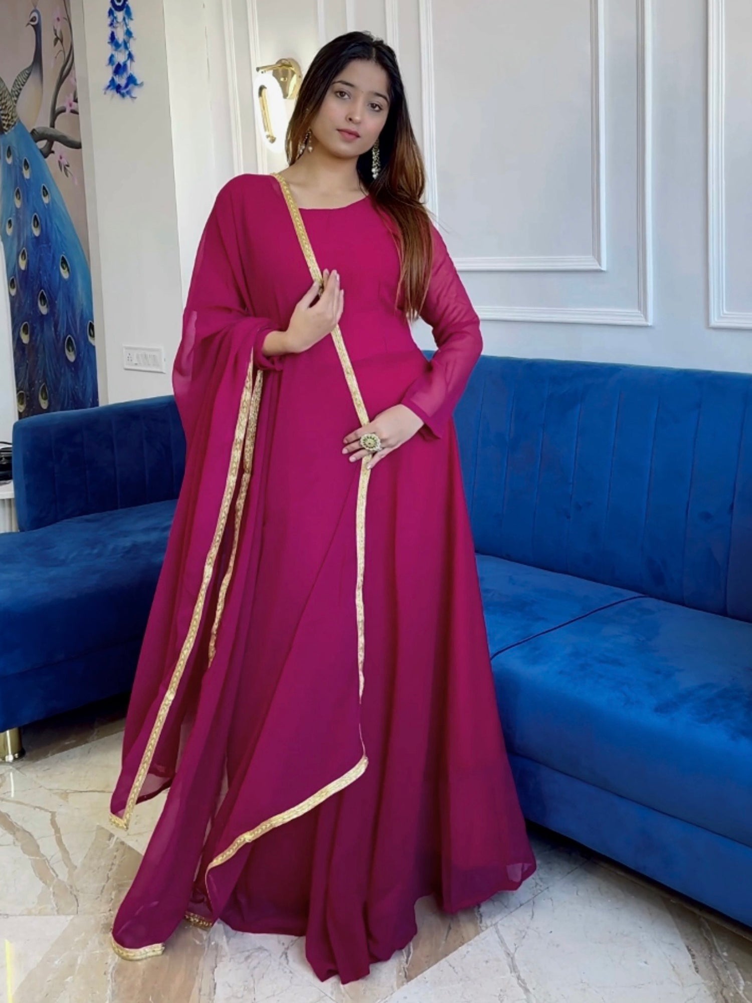 Elegant Pink Georgette Casual Wear Gown With Dupatta