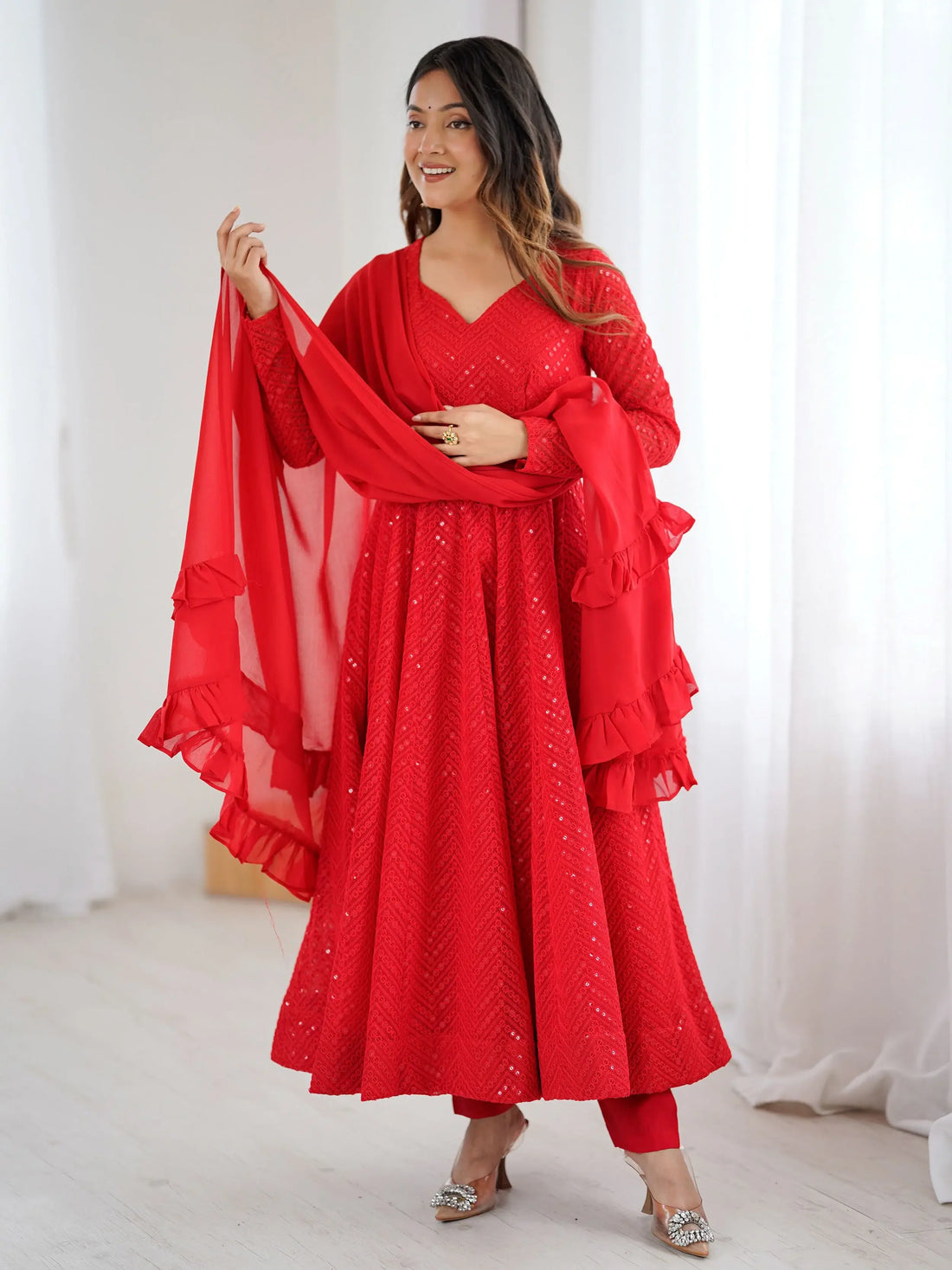 Lovely Red Lucknawi Work Georgette Wedding Wear Anarkali Suit With Dupatta