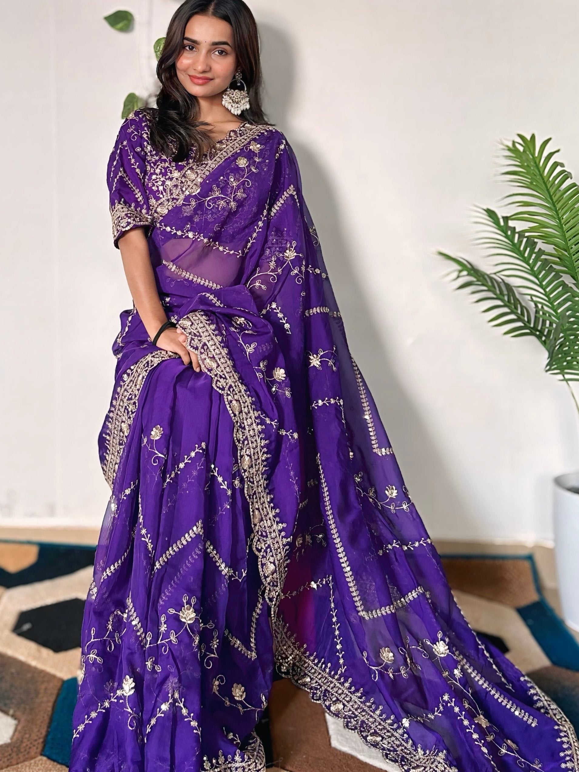 Incredible Purple Sequins Organza Wedding Wear Saree With Blouse