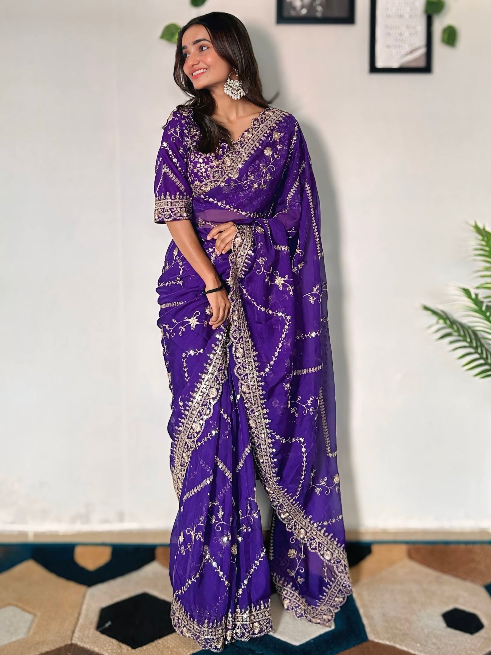 Incredible Purple Sequins Organza Wedding Wear Saree With Blouse