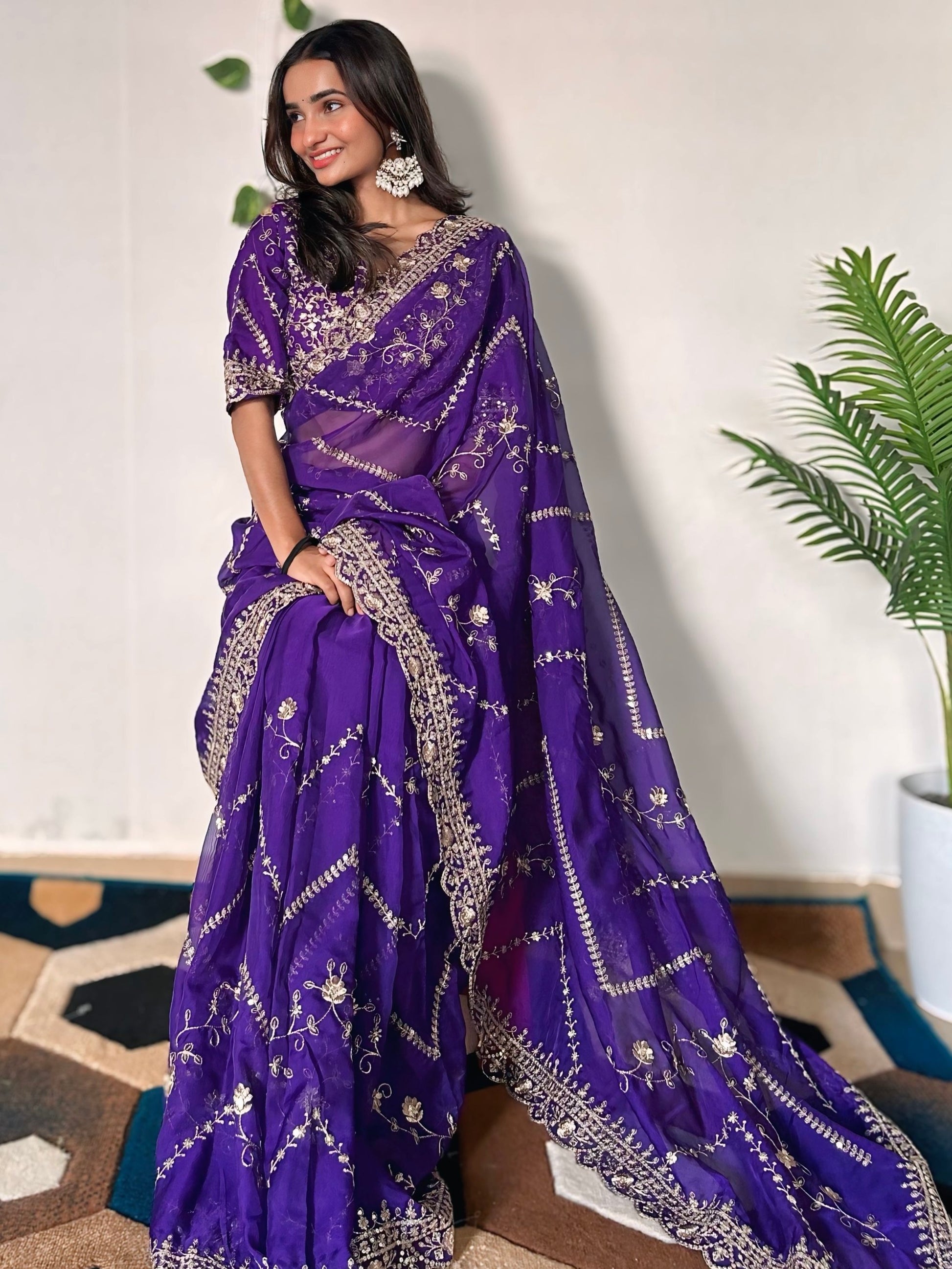 Incredible Purple Sequins Organza Wedding Wear Saree With Blouse