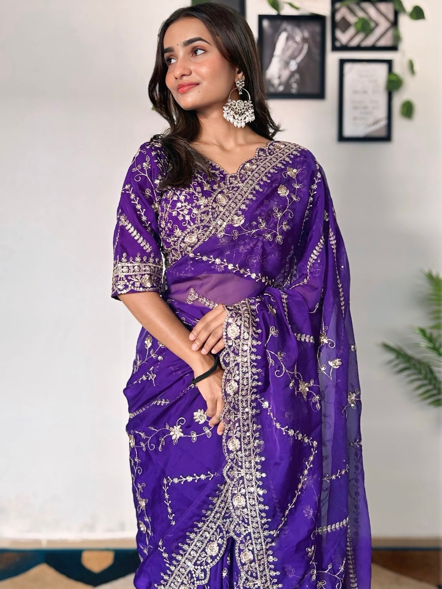 Incredible Purple Sequins Organza Wedding Wear Saree With Blouse