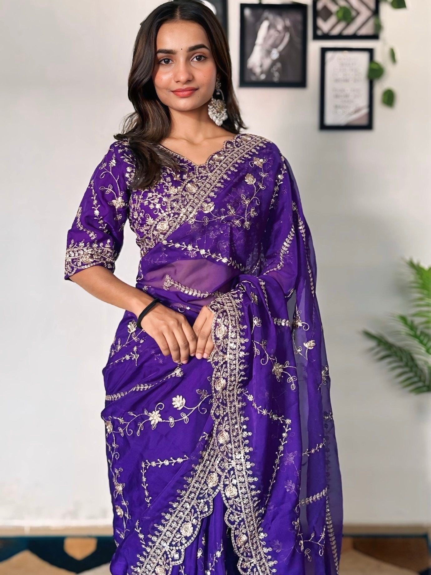 Incredible Purple Sequins Organza Wedding Wear Saree With Blouse