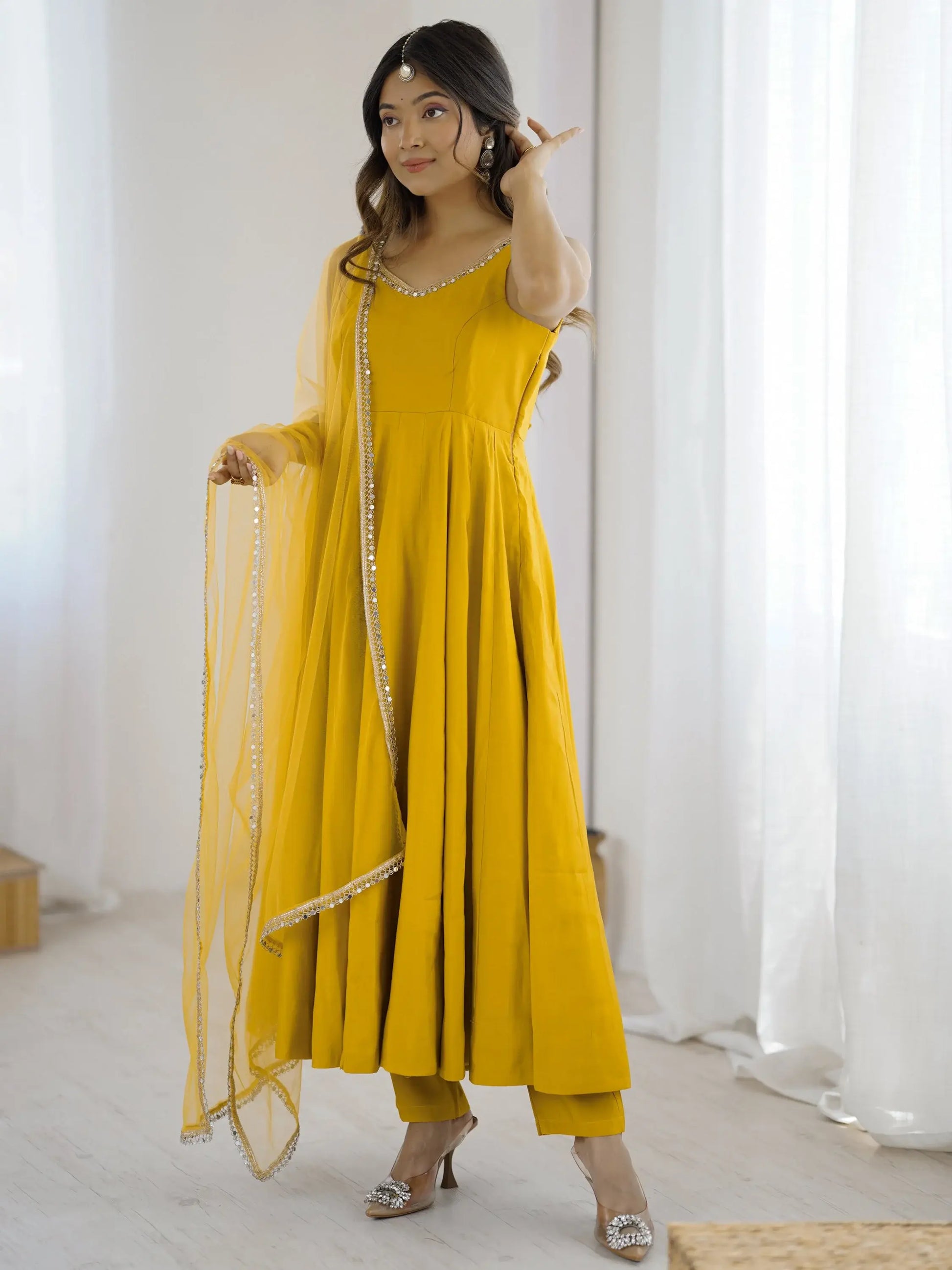 Stunning Mustard Yellow Lace Border Chanderi Silk Haldi Wear Anarkali Suit