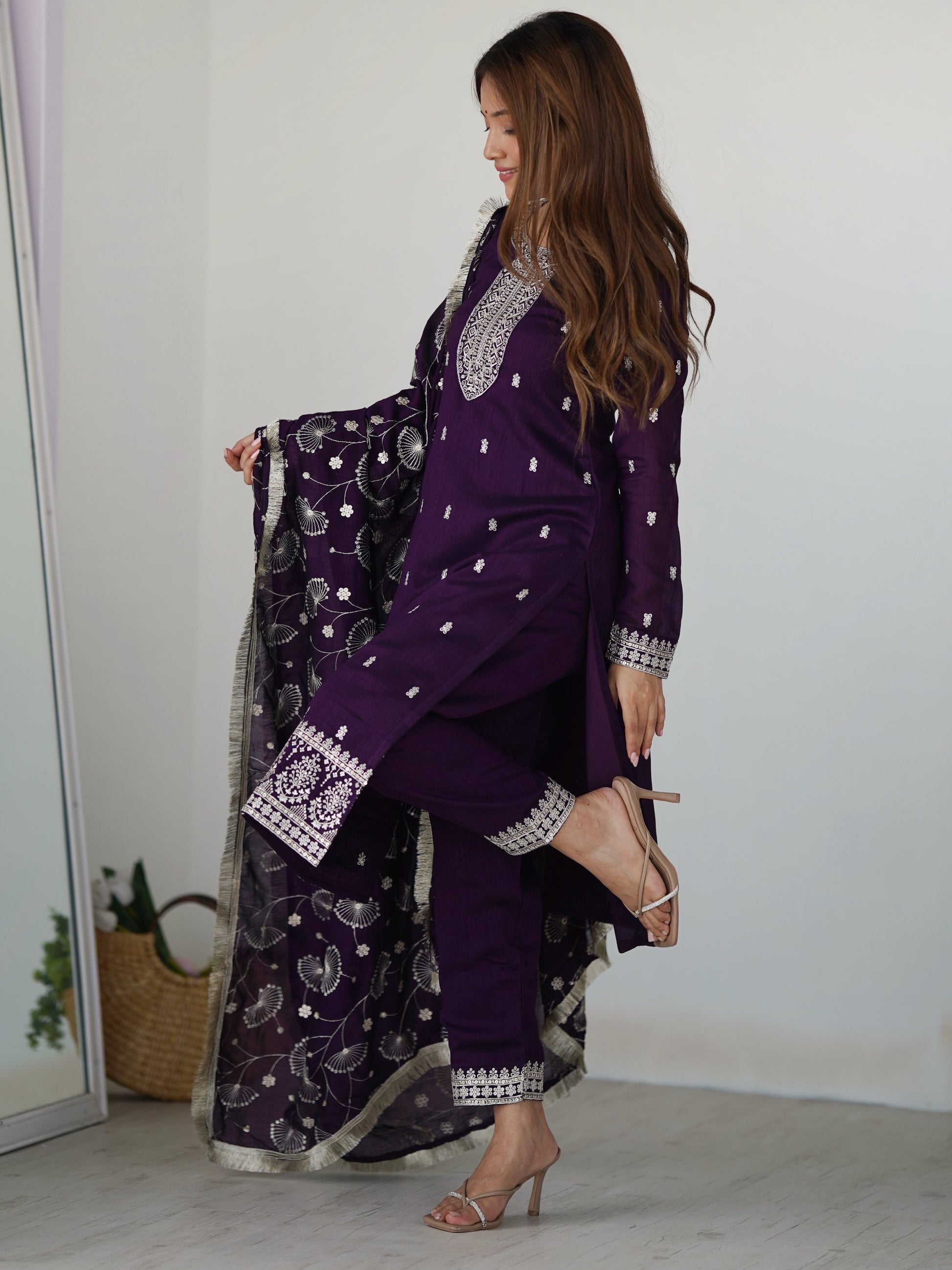 Stunning Purple Sequins Work Silk Festive Wear Pant Suit With Dupatta