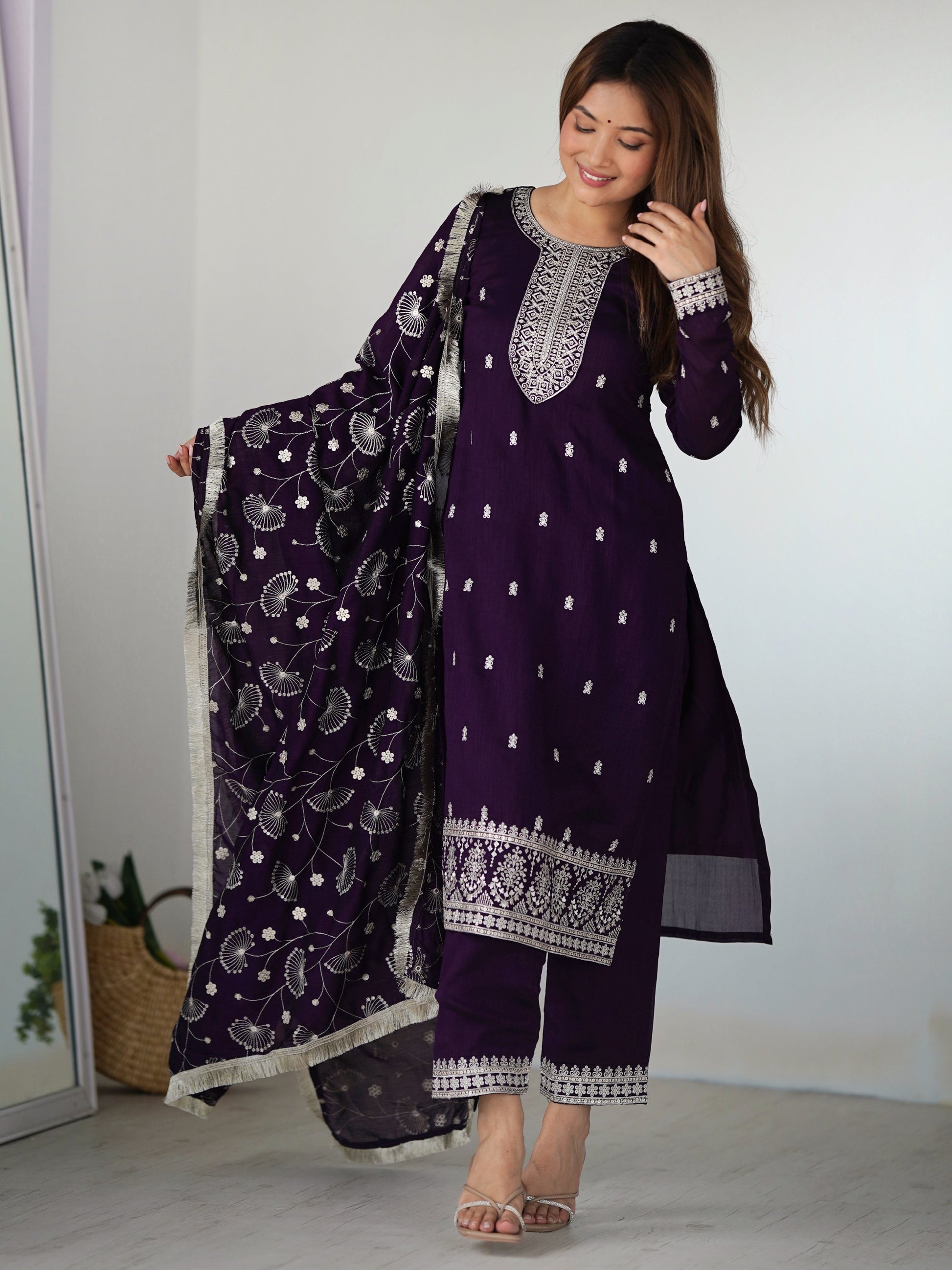 Stunning Purple Sequins Work Silk Festive Wear Pant Suit With Dupatta