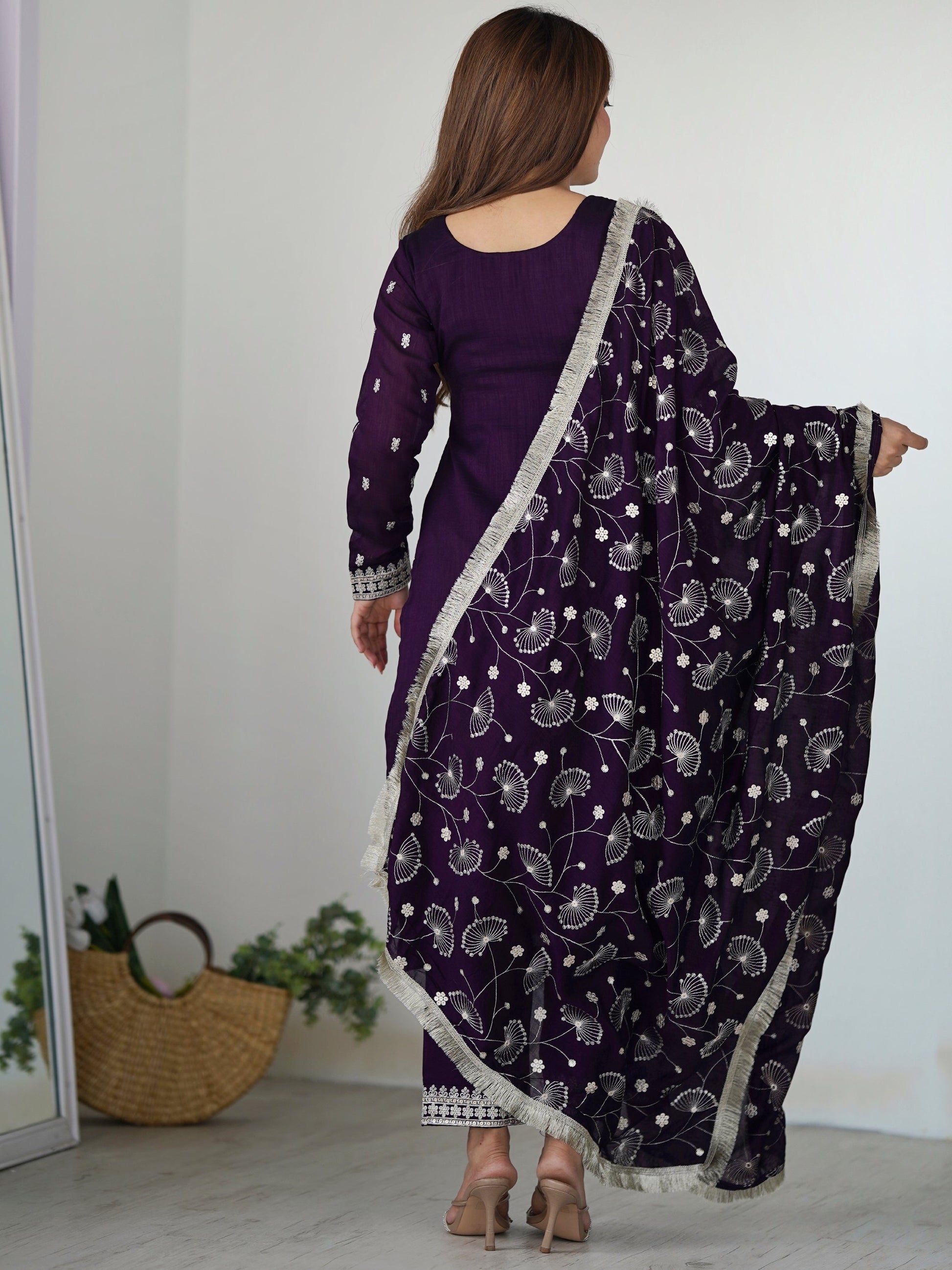 Stunning Purple Sequins Work Silk Festive Wear Pant Suit With Dupatta