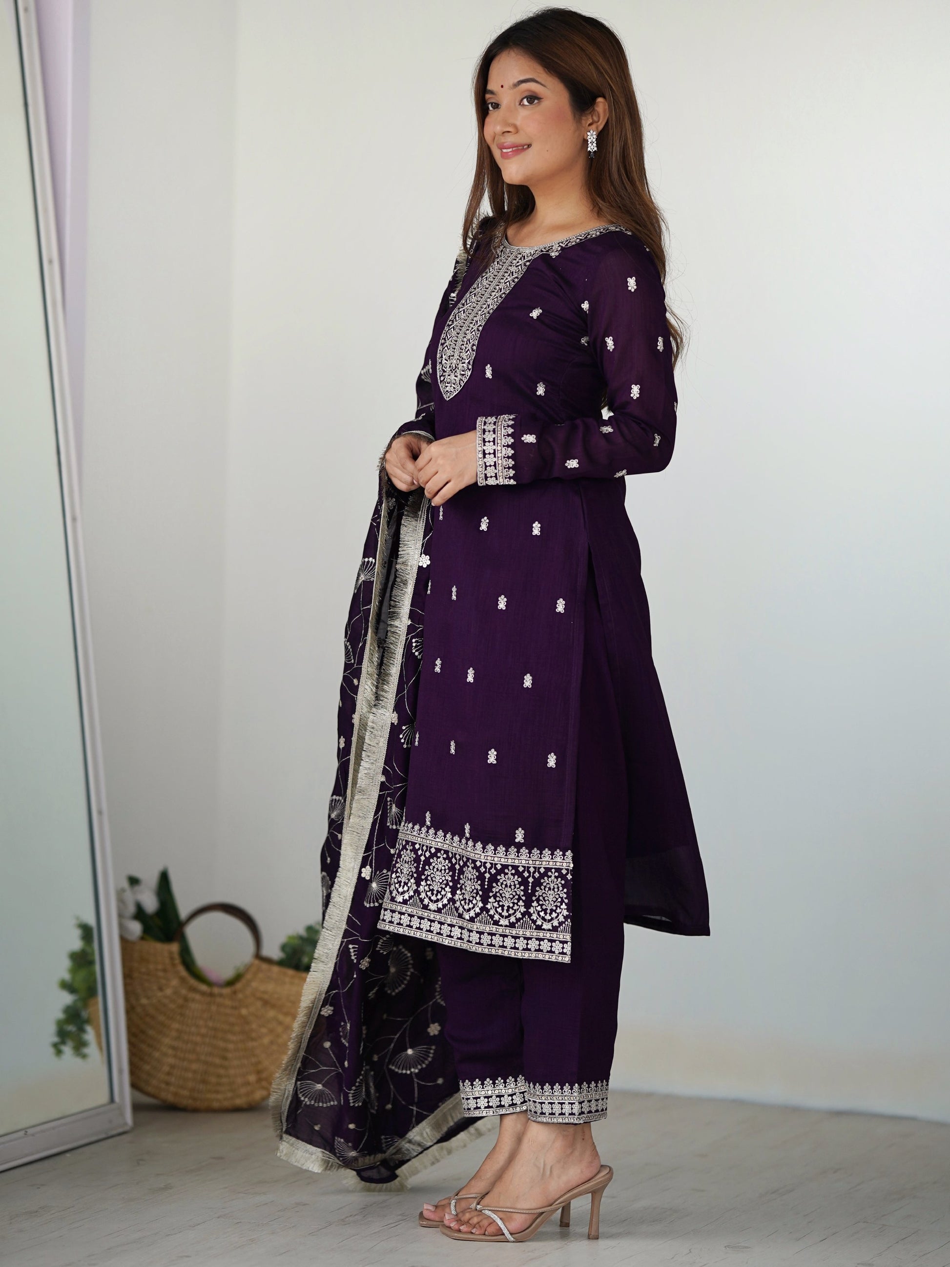 Stunning Purple Sequins Work Silk Festive Wear Pant Suit With Dupatta