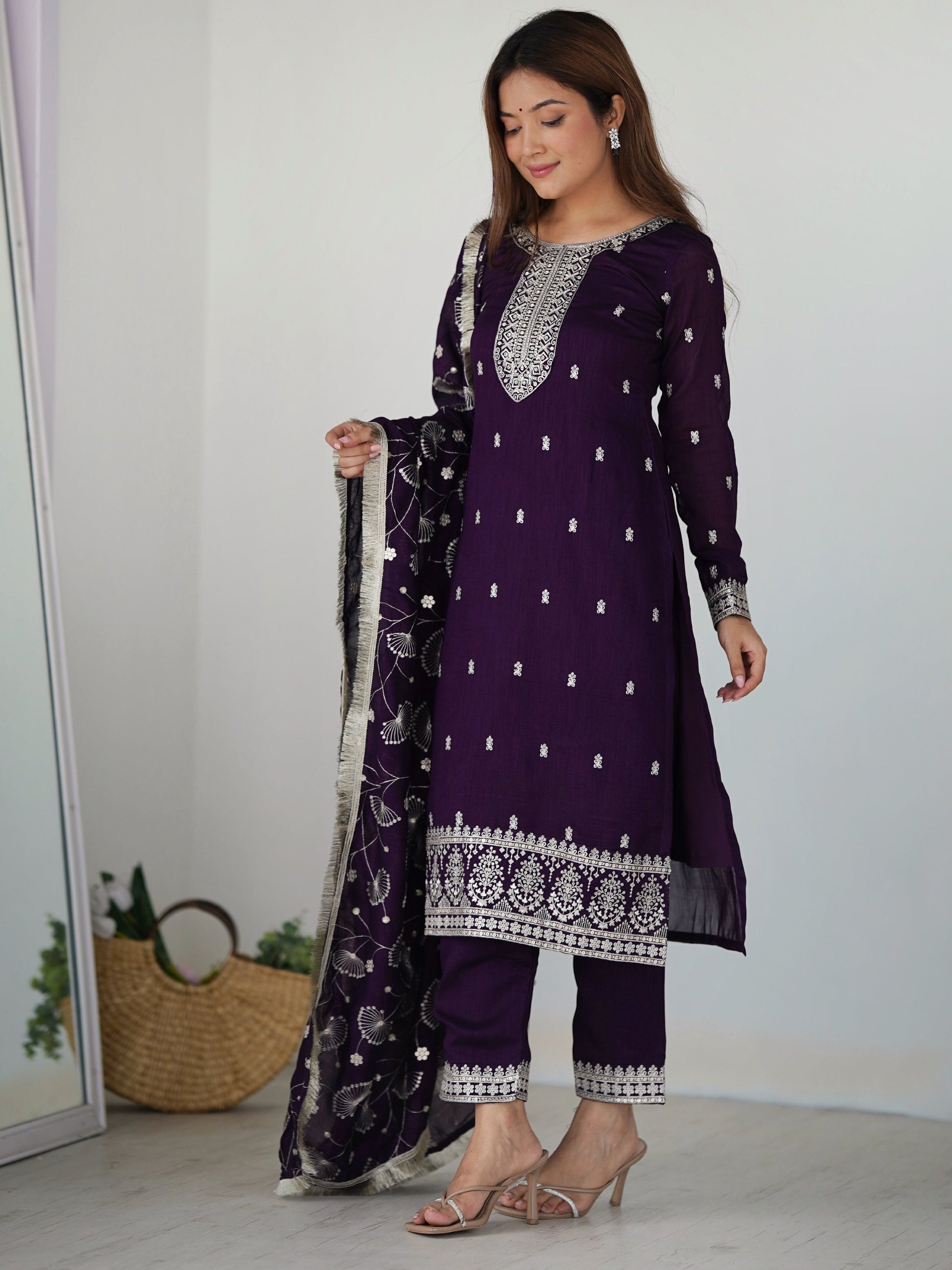 Stunning Purple Sequins Work Silk Festive Wear Pant Suit With Dupatta