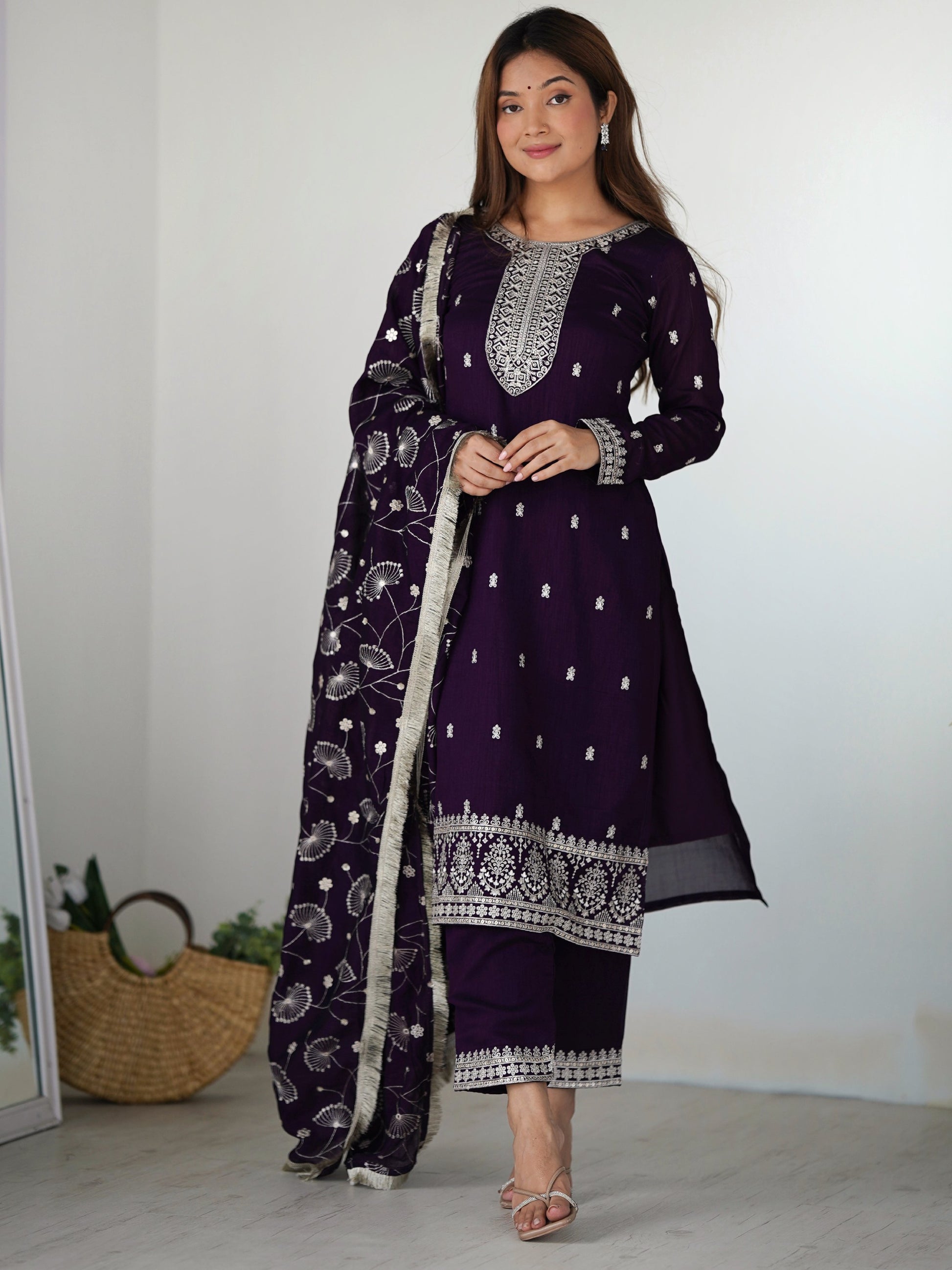 Stunning Purple Sequins Work Silk Festive Wear Pant Suit With Dupatta