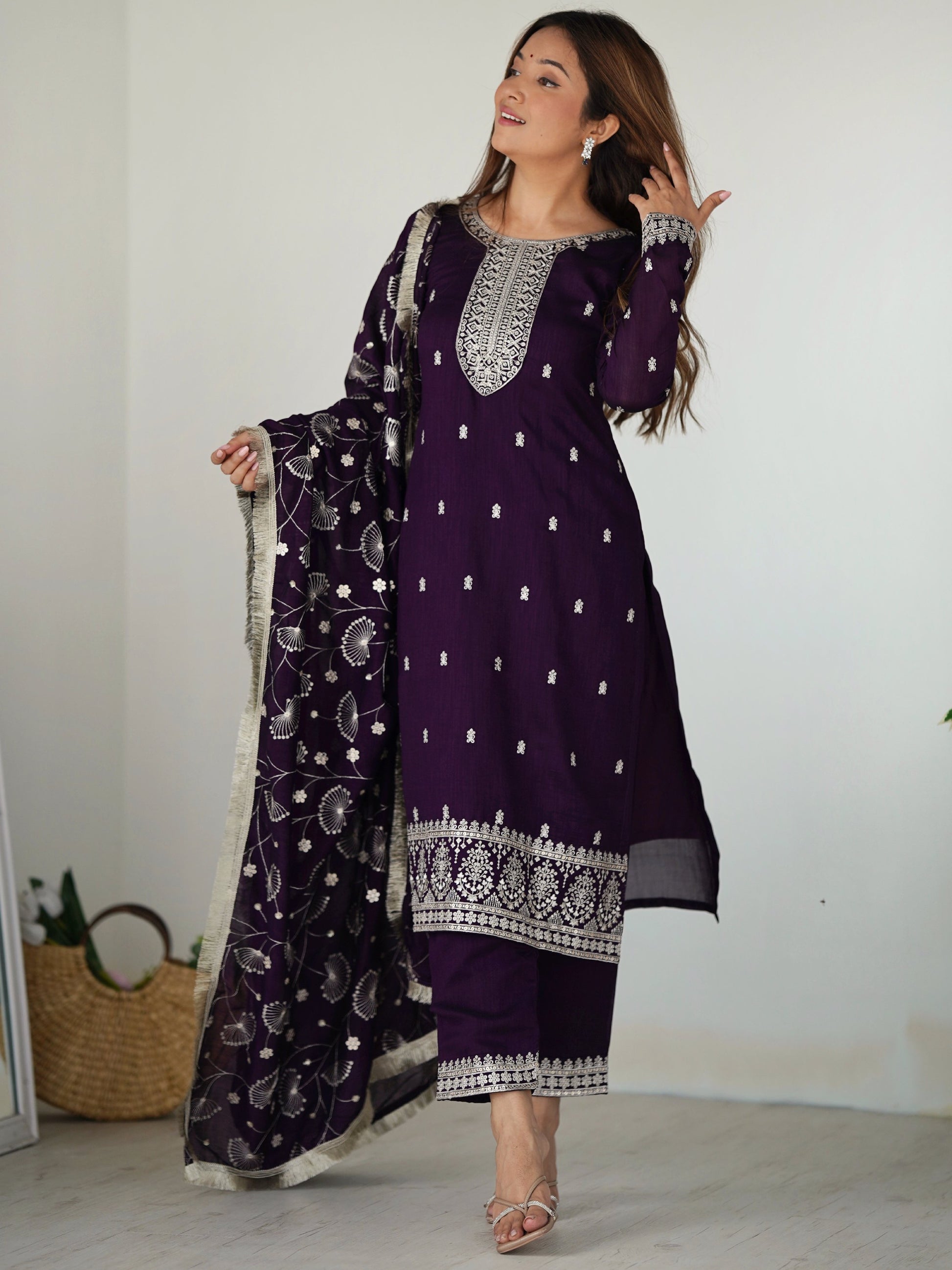 Stunning Purple Sequins Work Silk Festive Wear Pant Suit With Dupatta
