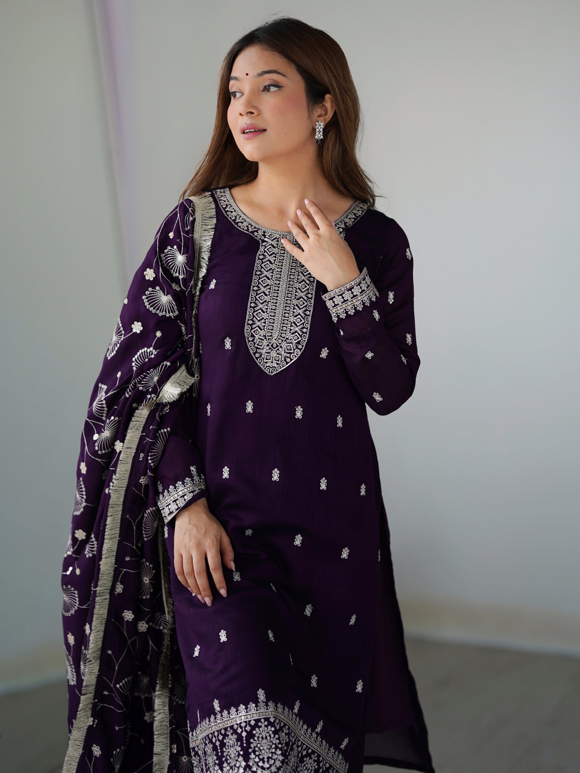 Stunning Purple Sequins Work Silk Festive Wear Pant Suit With Dupatta