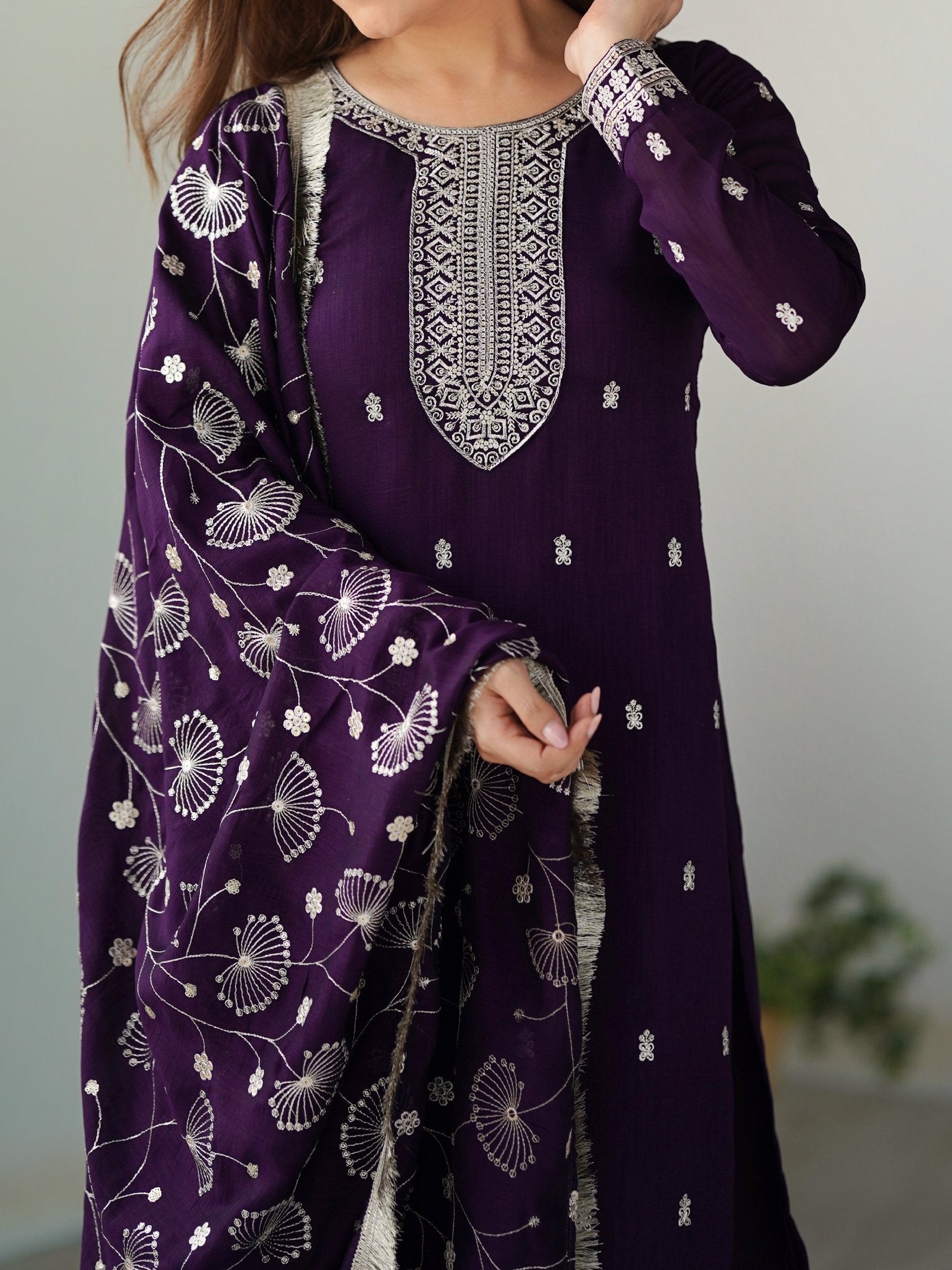 Stunning Purple Sequins Work Silk Festive Wear Pant Suit With Dupatta
