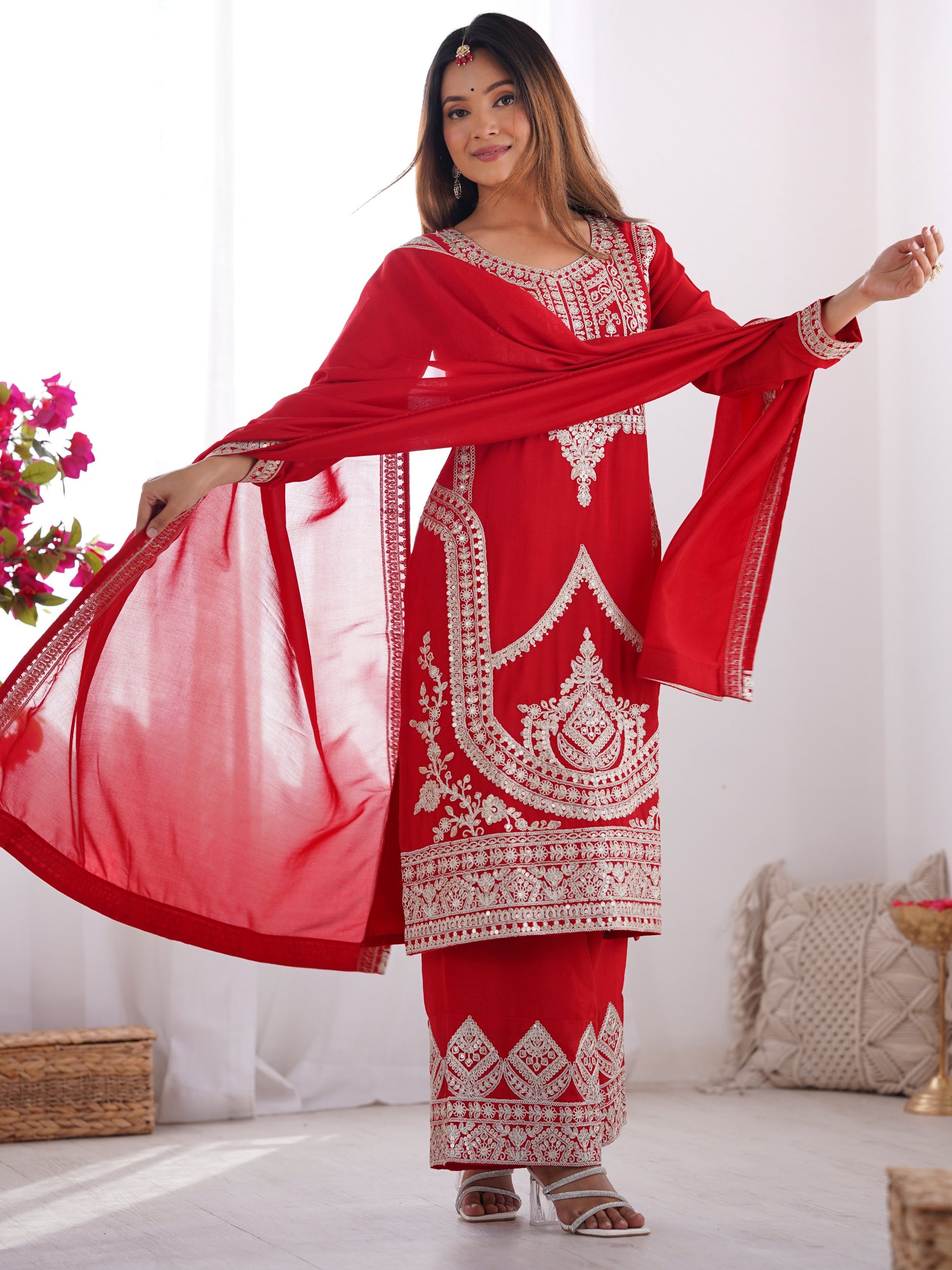 Lovely Red Sequins Vichitra Silk Wedding Wear Palazzo Suit