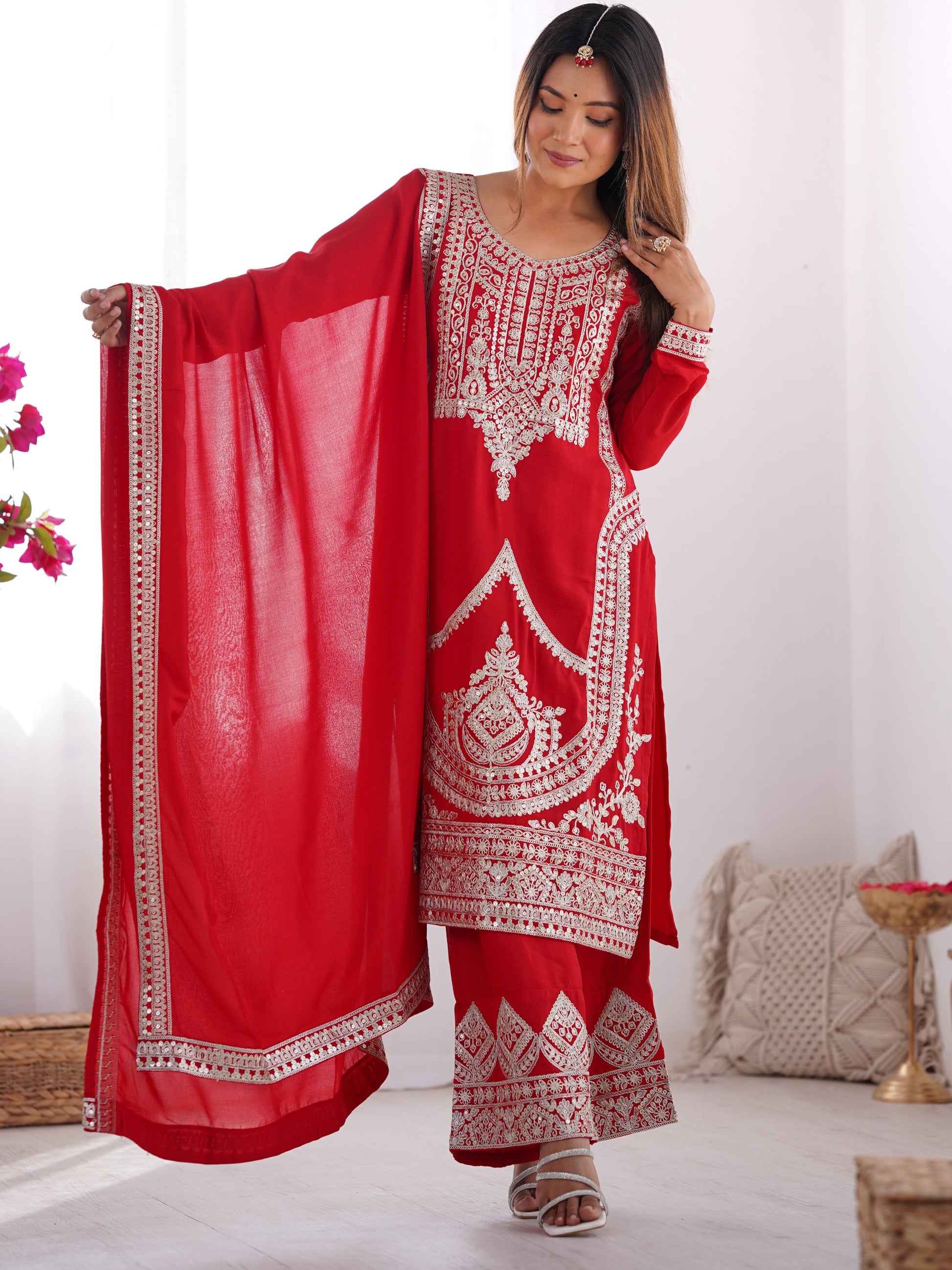 Lovely Red Sequins Vichitra Silk Wedding Wear Palazzo Suit