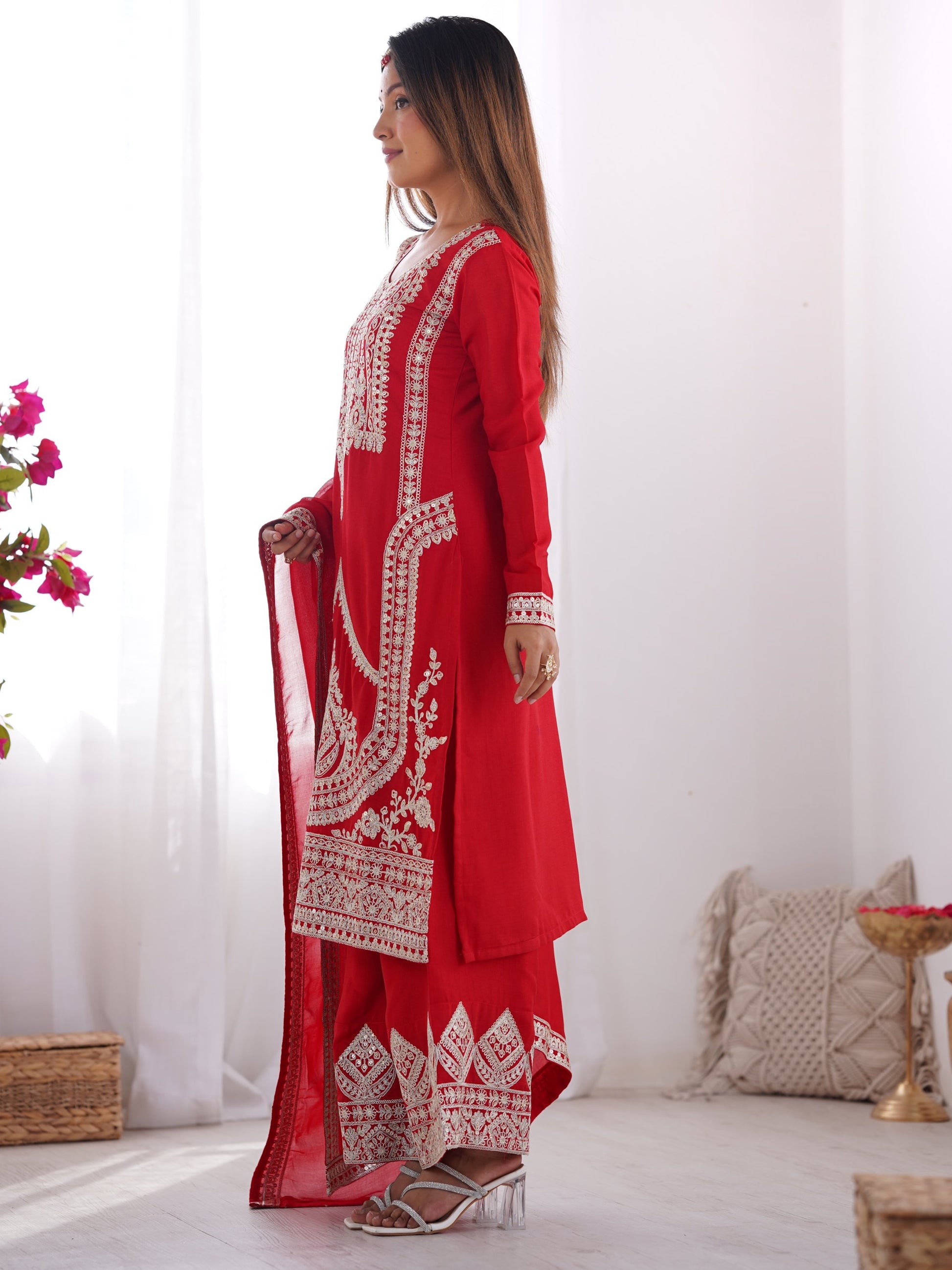 Lovely Red Sequins Vichitra Silk Wedding Wear Palazzo Suit