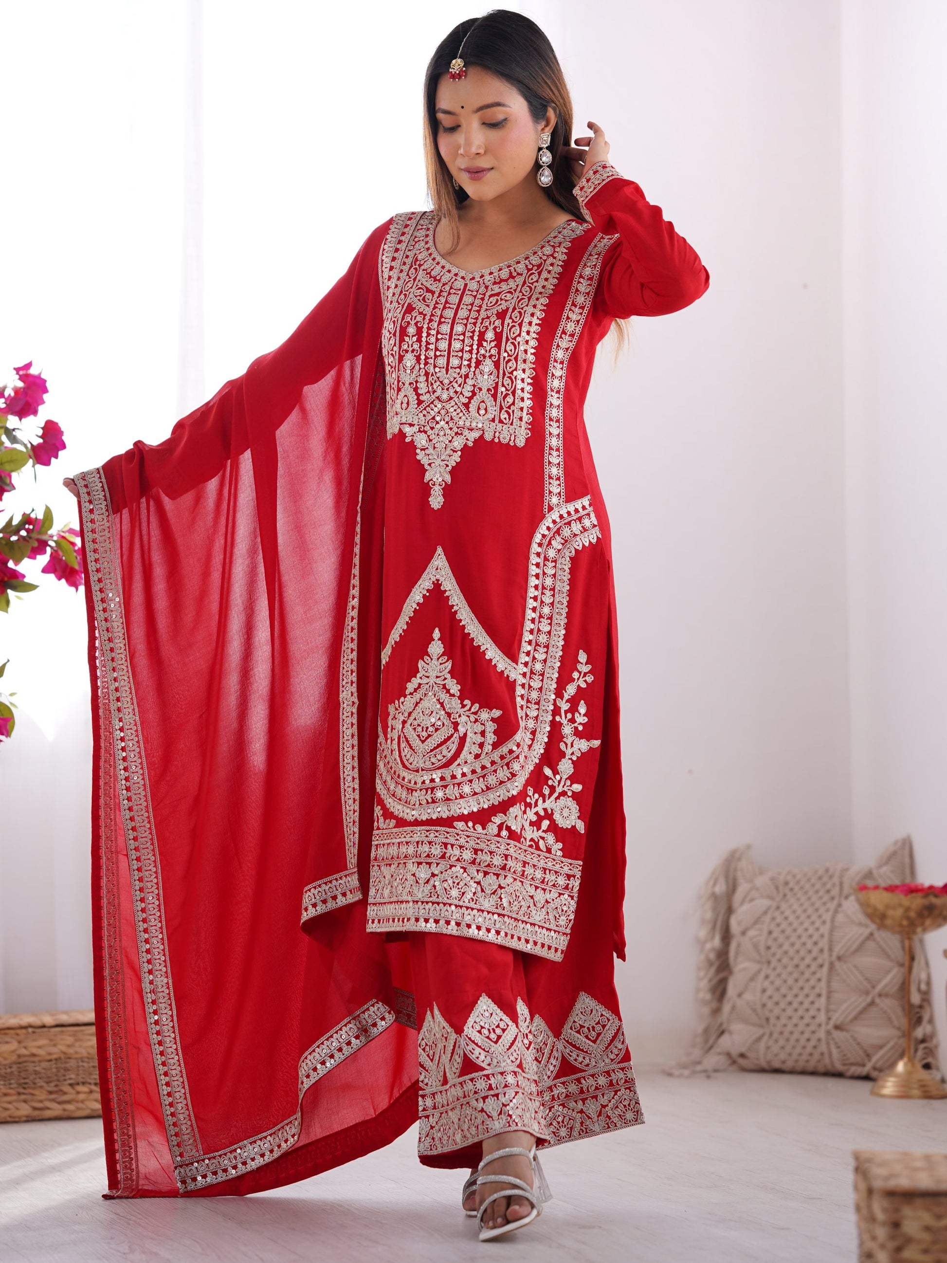 Lovely Red Sequins Vichitra Silk Wedding Wear Palazzo Suit