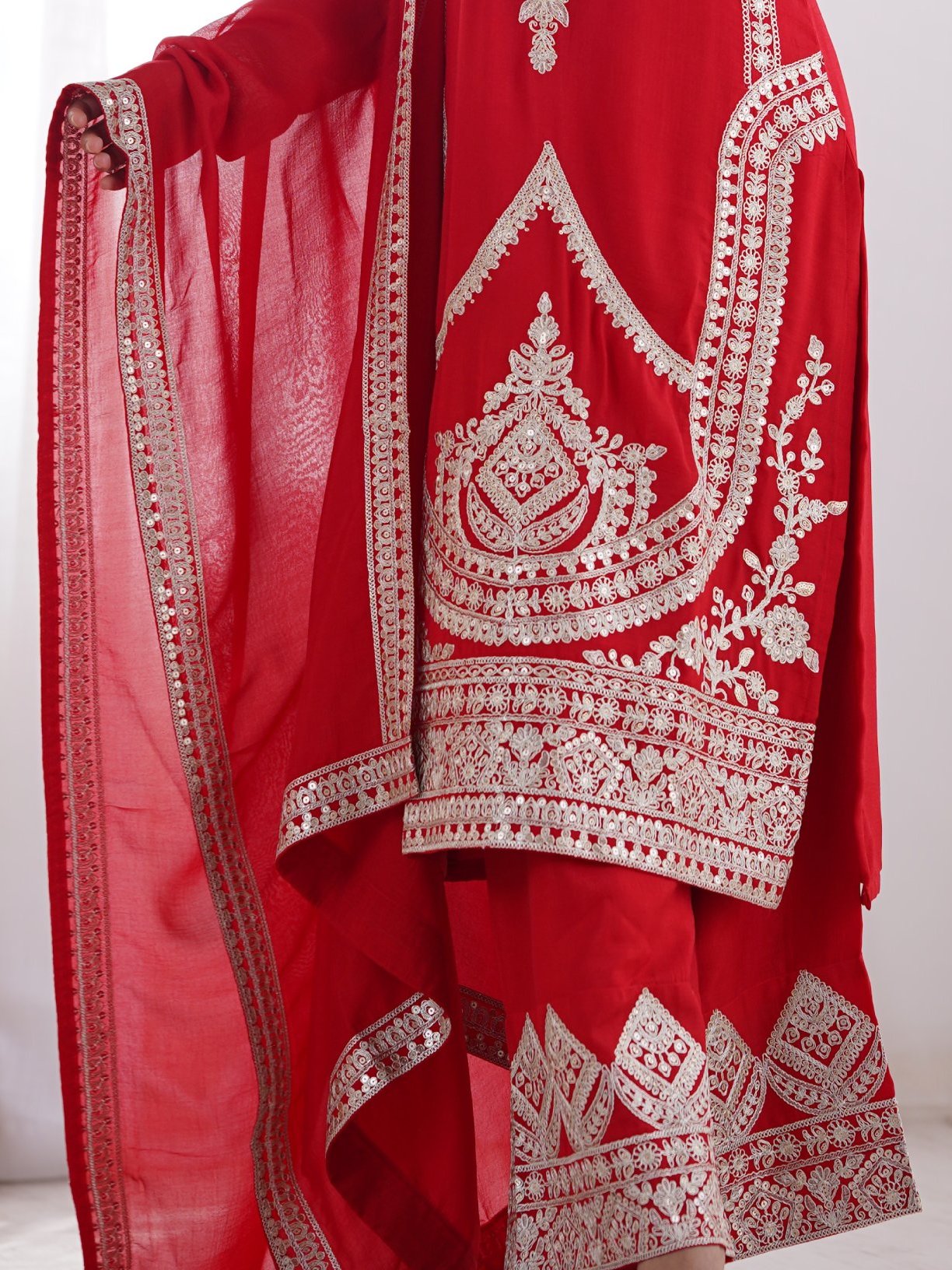 Lovely Red Sequins Vichitra Silk Wedding Wear Palazzo Suit
