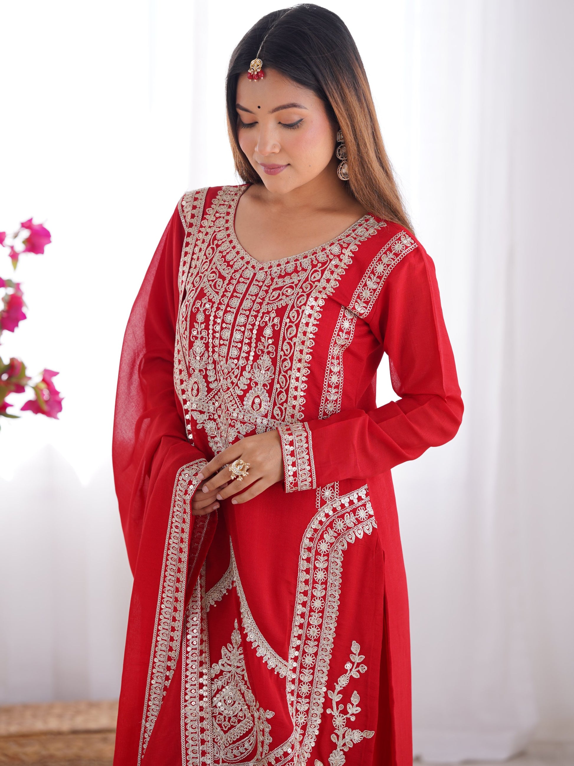 Lovely Red Sequins Vichitra Silk Wedding Wear Palazzo Suit
