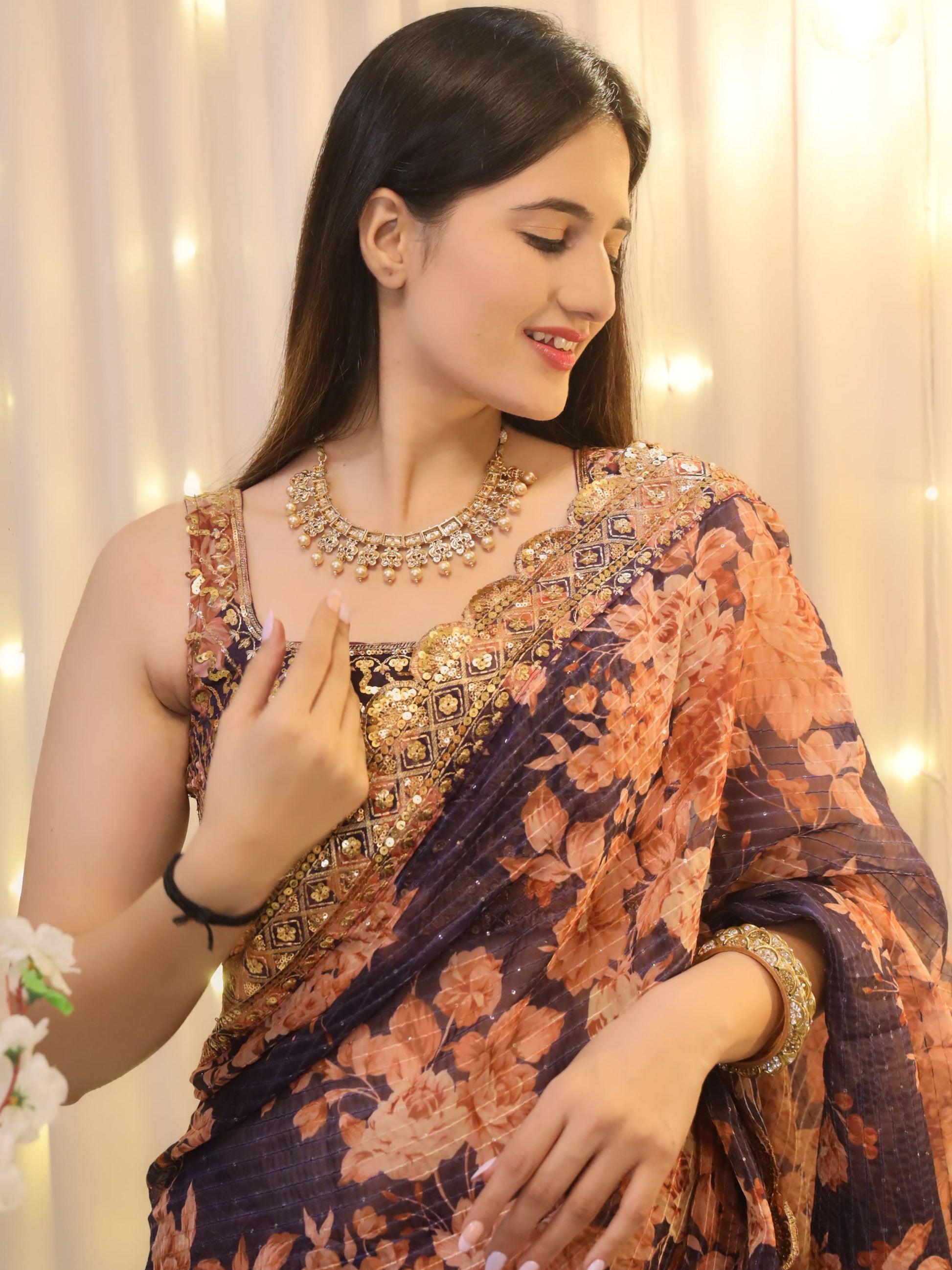 Enchanting Purple Floral Print Organza Festive Wear Saree With Blouse