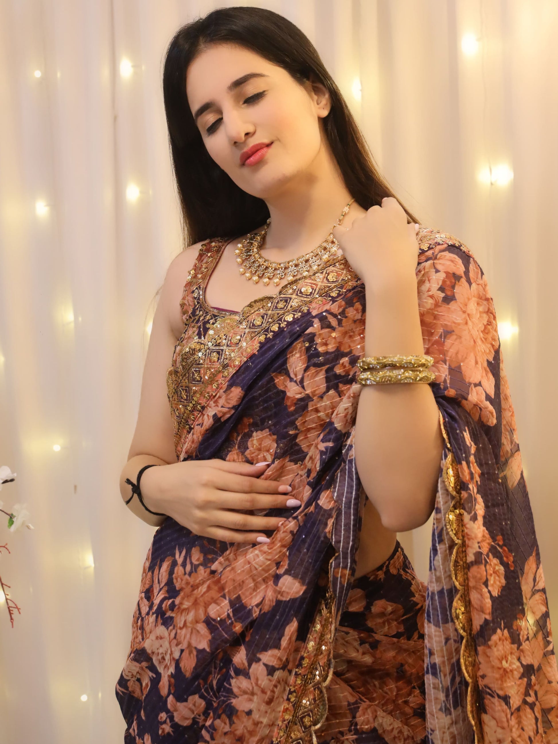 Enchanting Purple Floral Print Organza Festive Wear Saree With Blouse