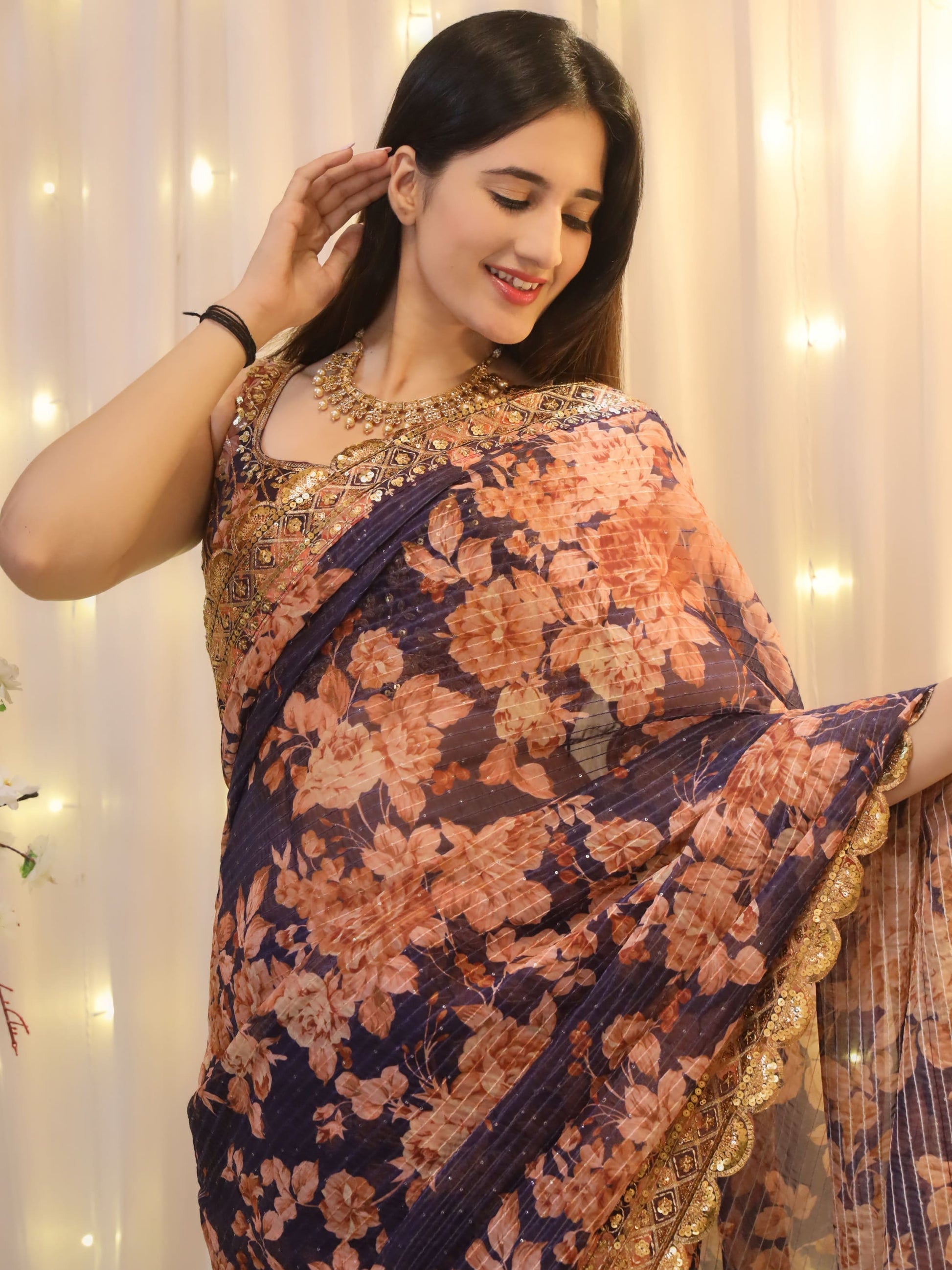 Enchanting Purple Floral Print Organza Festive Wear Saree With Blouse