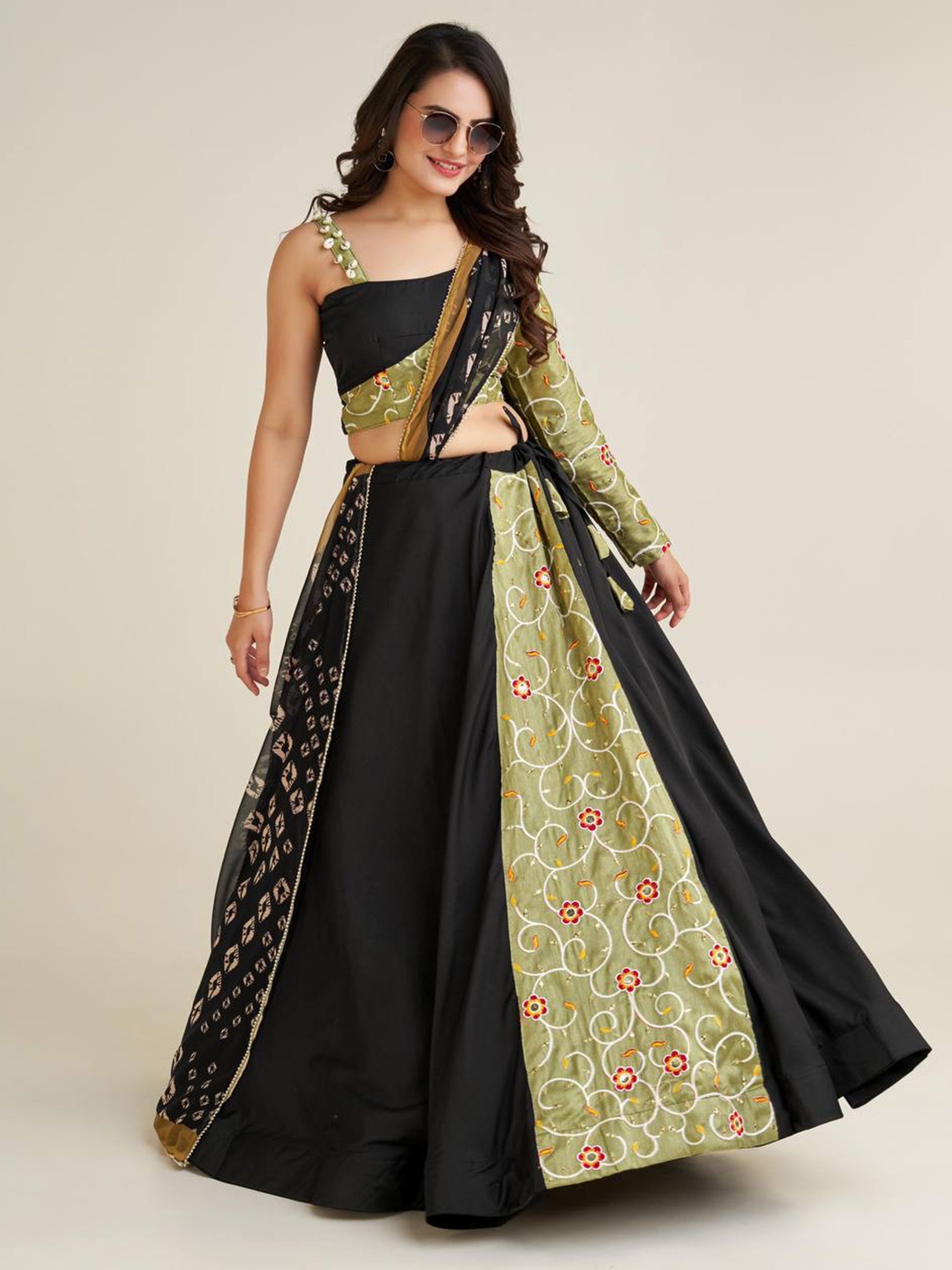 Adorable Black Printed Rayon Navratri Lehenga Choli With Dupatta