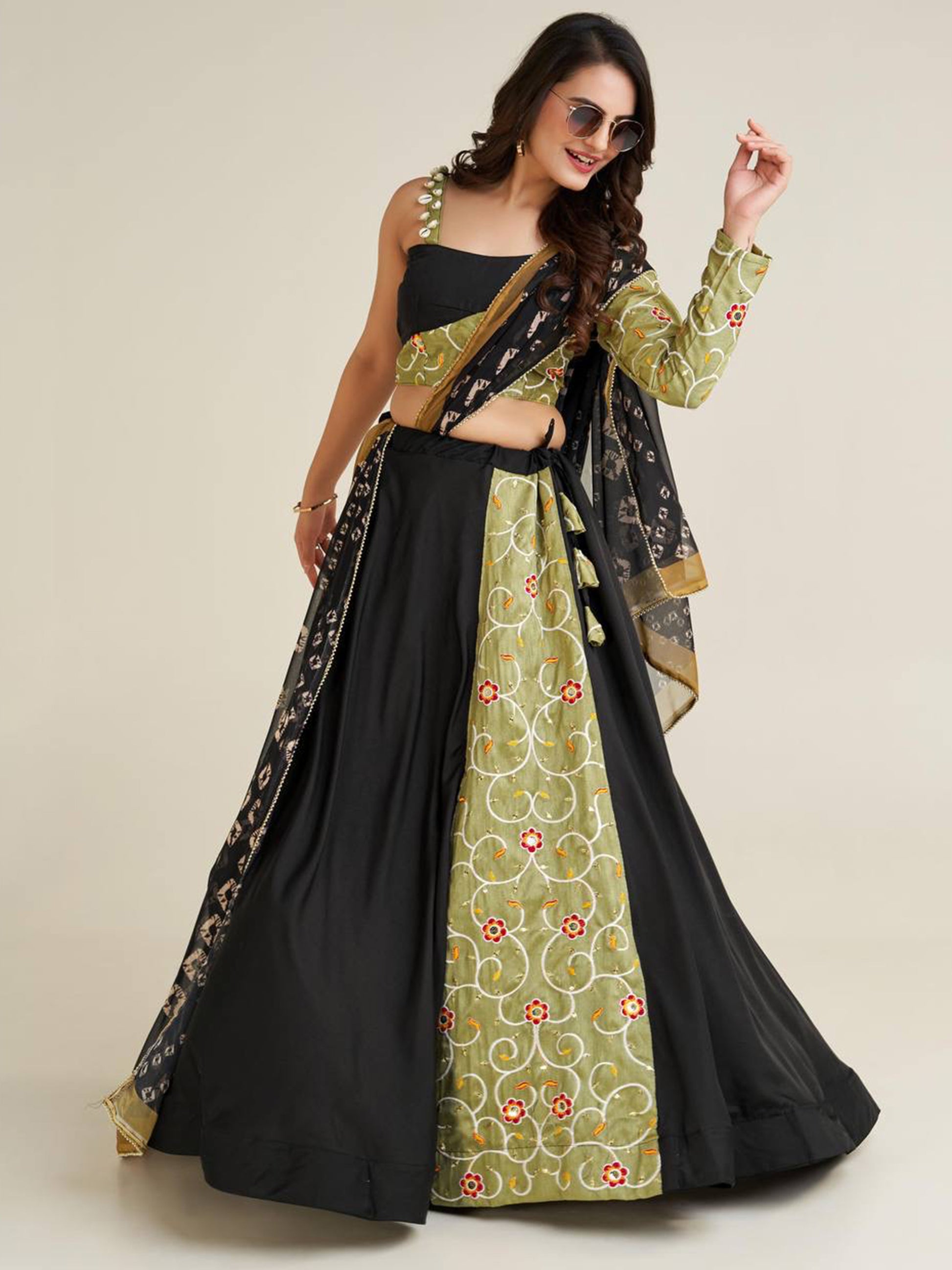 Adorable Black Printed Rayon Navratri Lehenga Choli With Dupatta