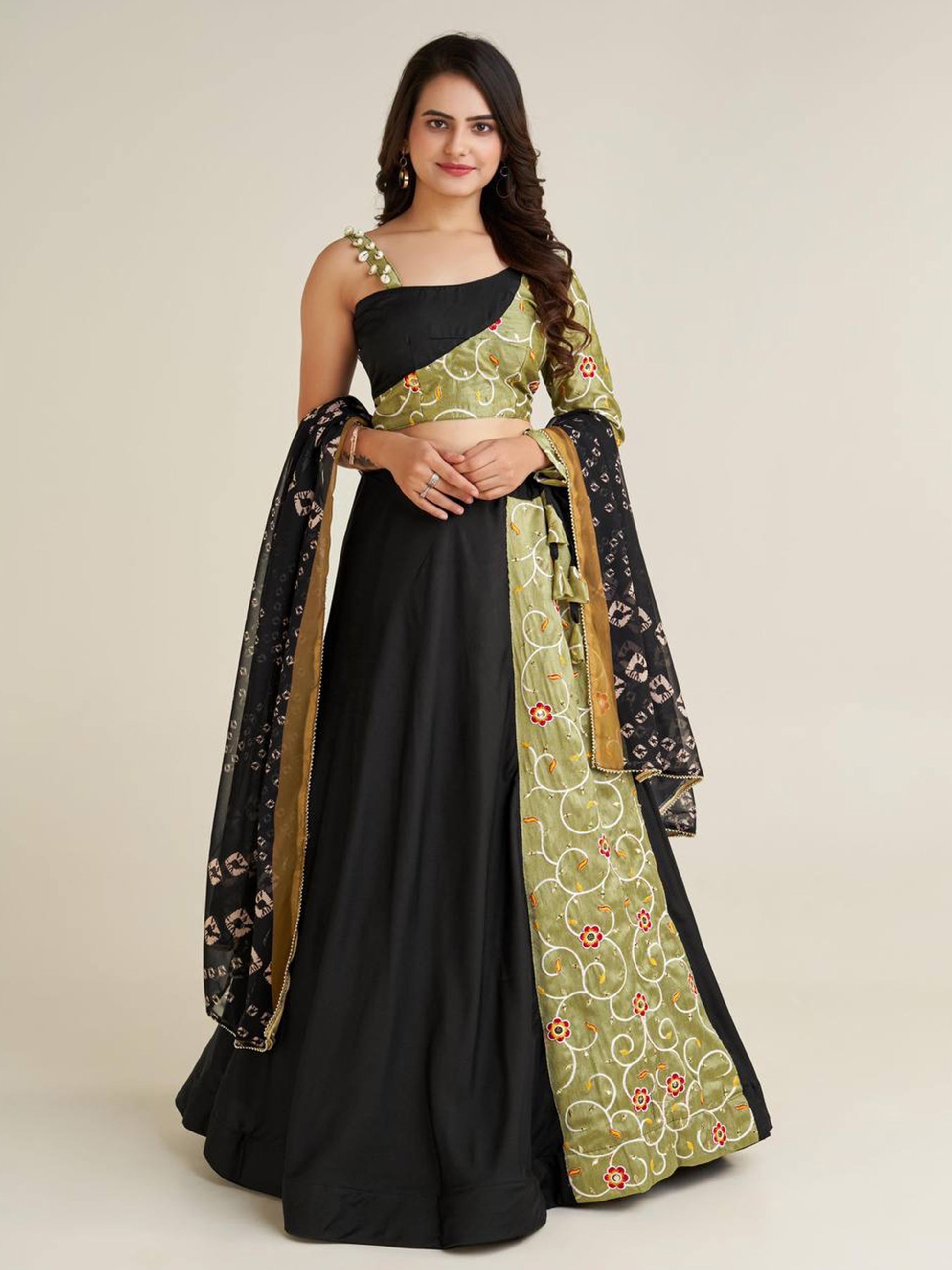 Adorable Black Printed Rayon Navratri Lehenga Choli With Dupatta
