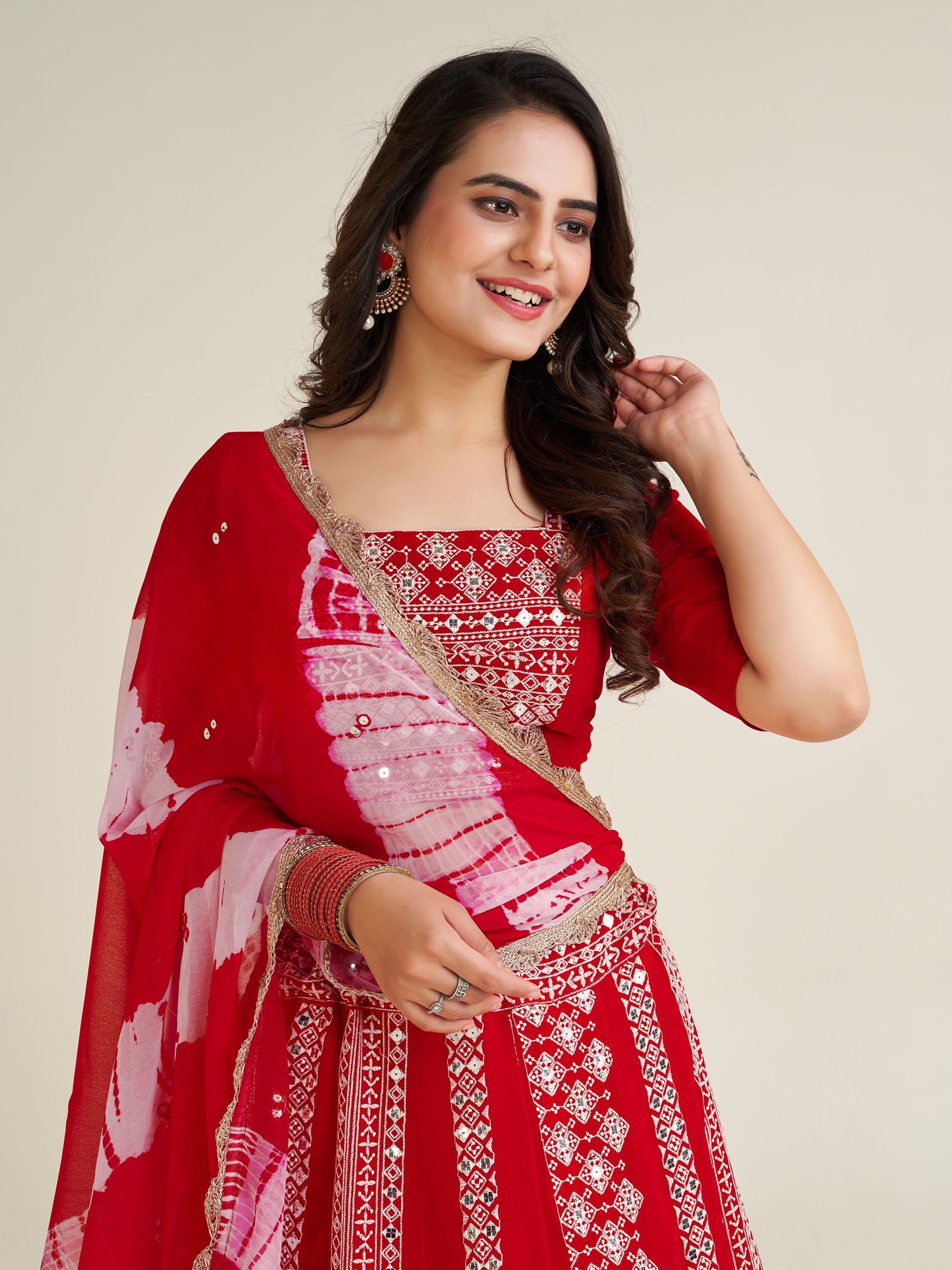 Charming Red Thread Work Georgette Navratri Wear Lehenga Choli