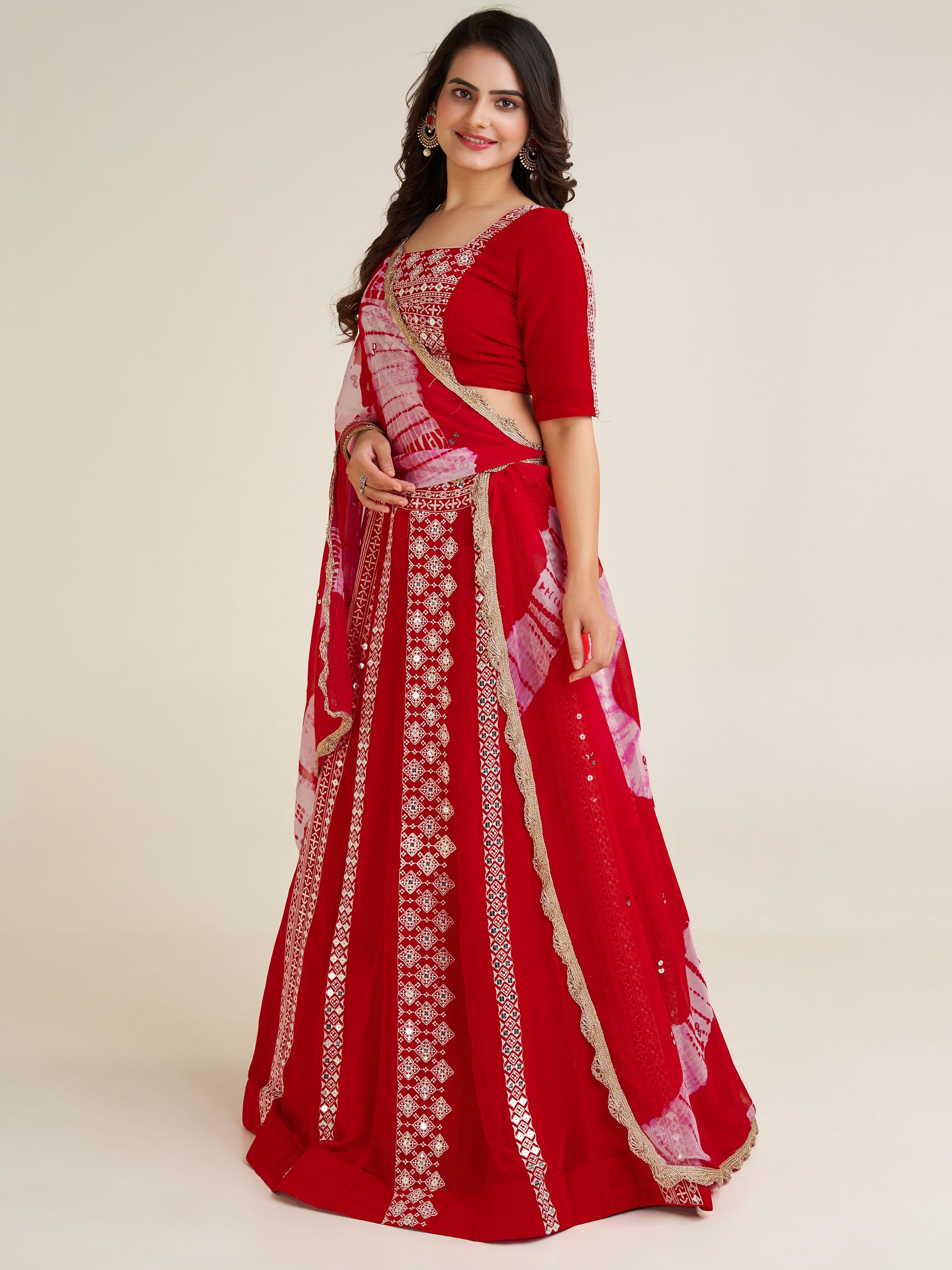 Charming Red Thread Work Georgette Navratri Wear Lehenga Choli