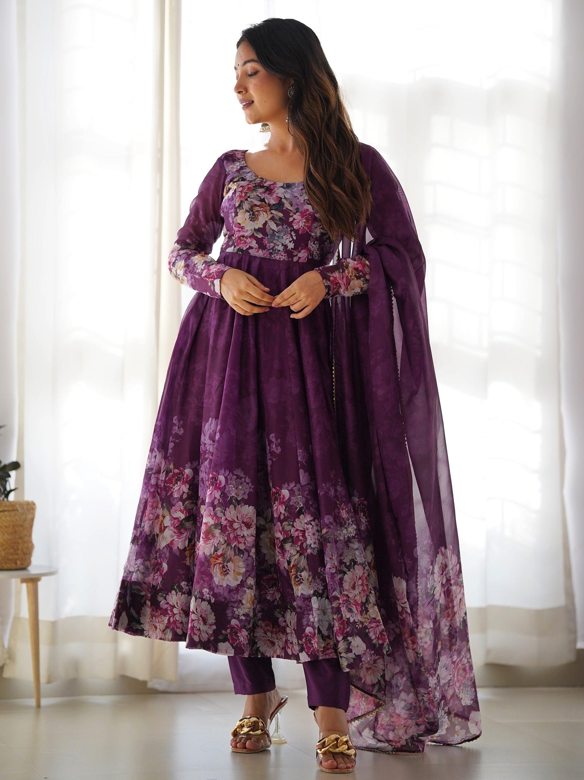 Attractive Purple Floral Printed Organza Event Wear Anarkali Suit