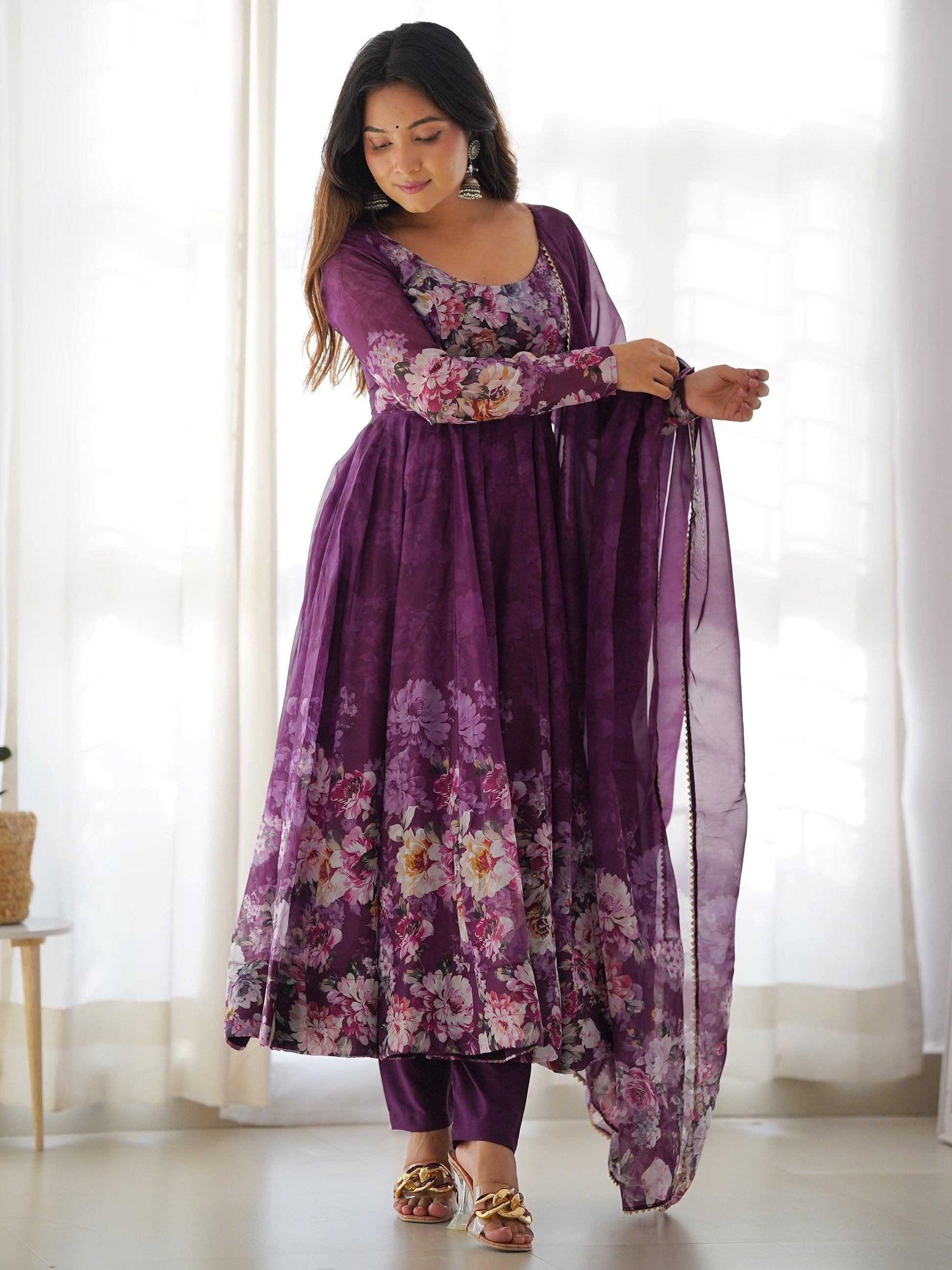 Attractive Purple Floral Printed Organza Event Wear Anarkali Suit