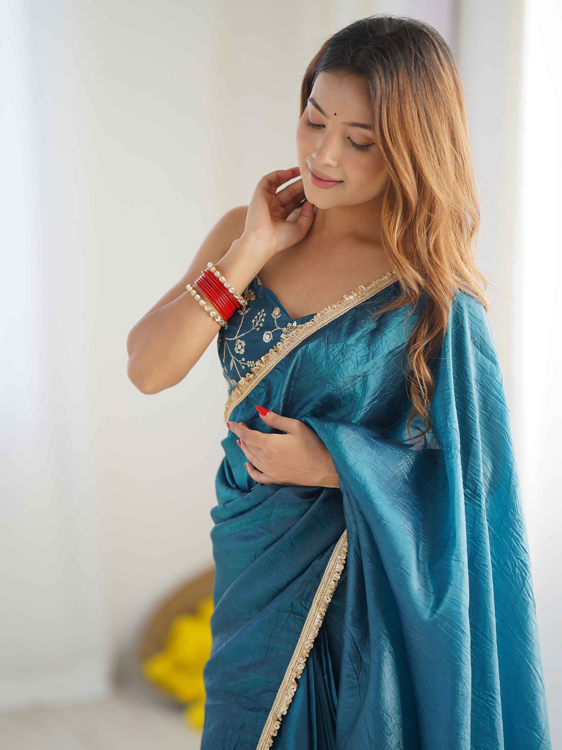 Alluring Teal Blue Tissue Silk Pre Stitched Saree With Blouse