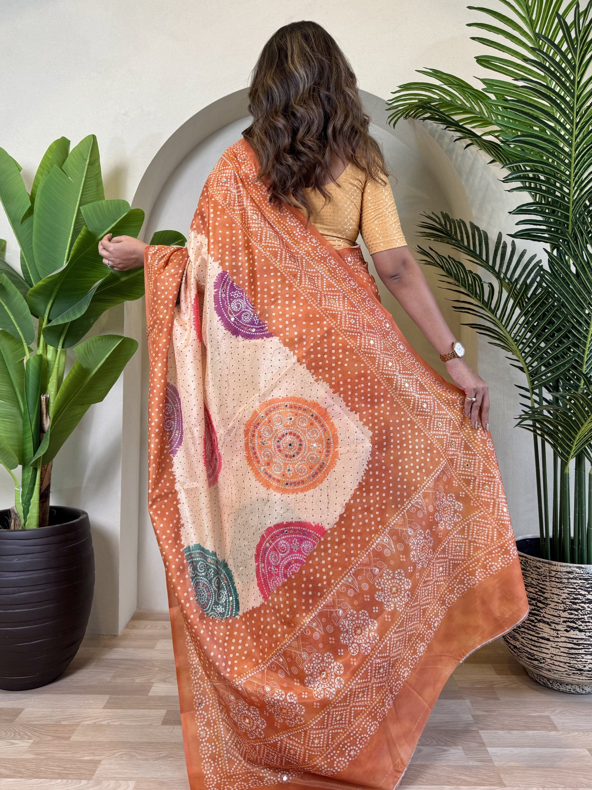 Fabulous Orange Bandhni Printed Tissue Silk Party Wear Saree With Blouse