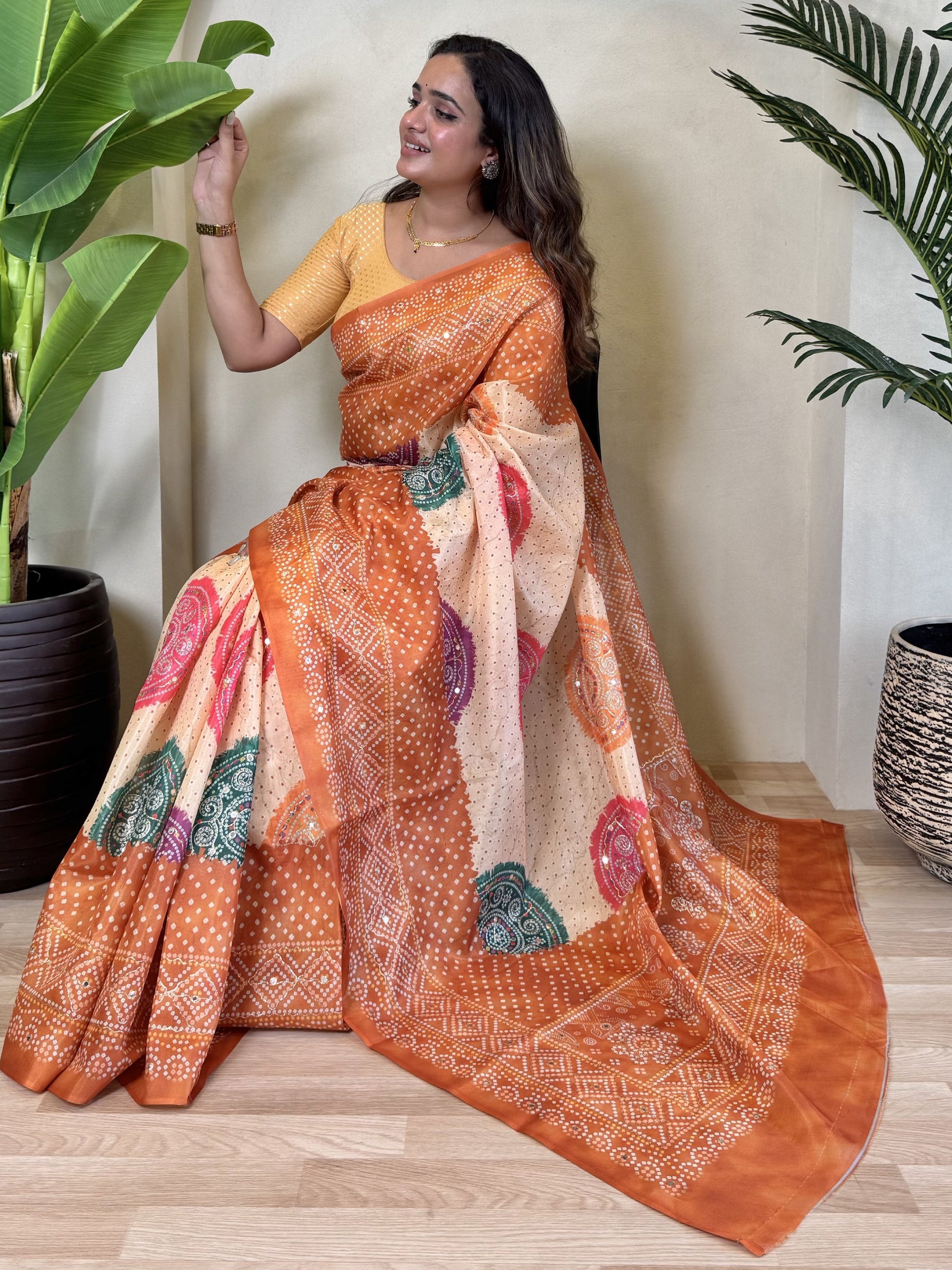 Fabulous Orange Bandhni Printed Tissue Silk Party Wear Saree With Blouse